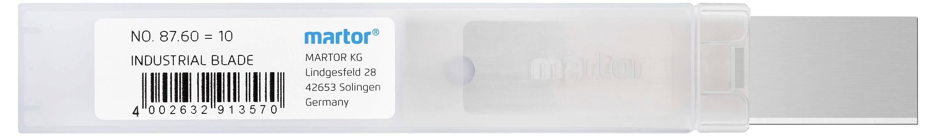 Transparente Kunststoffverpackung mit 'Industrial Blade' Etikett, zeigt Herstellerinformationen und Barcode. Enthält Industrieklinge.