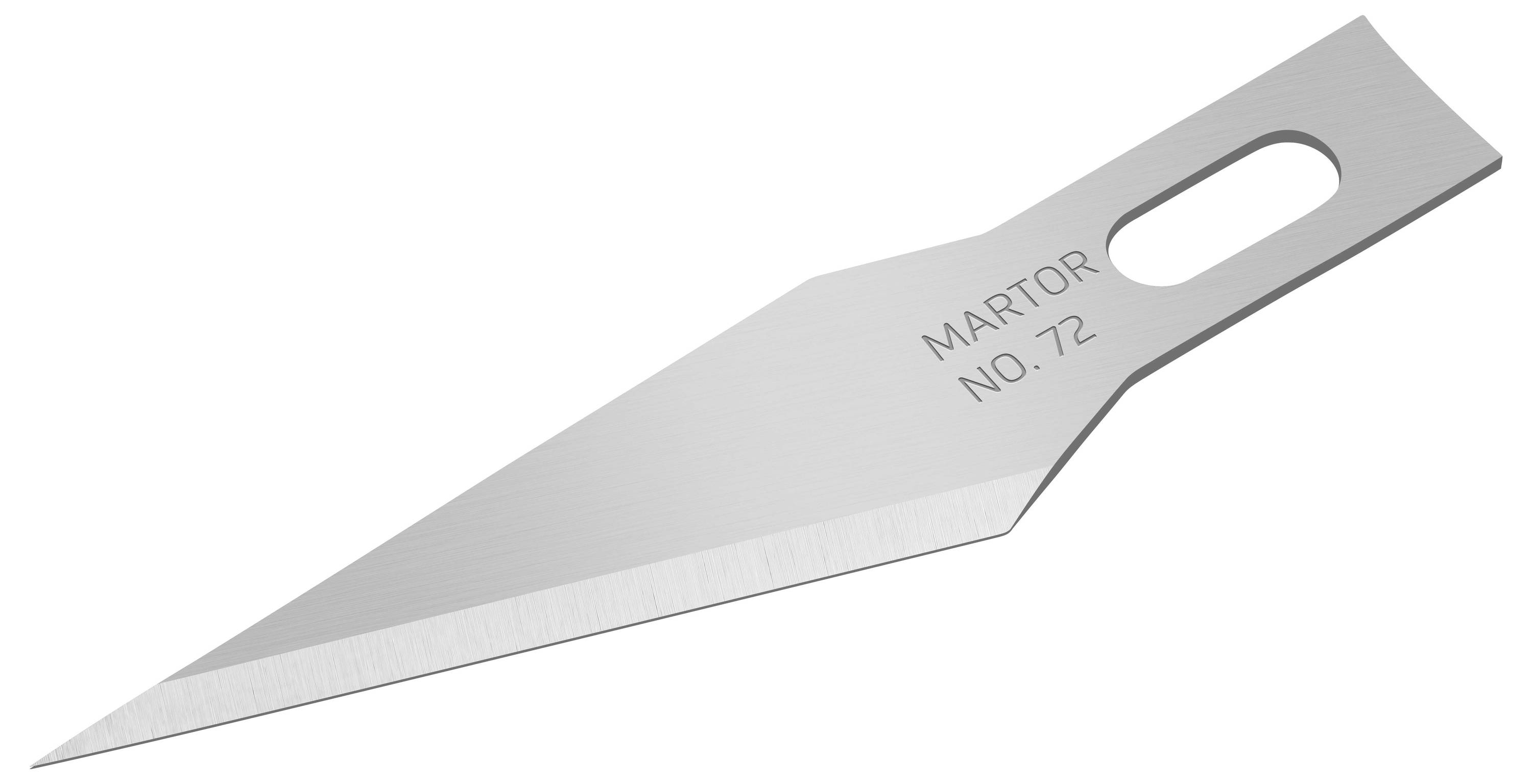 Ein silbernes Ersatzklingenmesser mit der Aufschrift 'MARTOR NO. 72' auf der Klinge.
