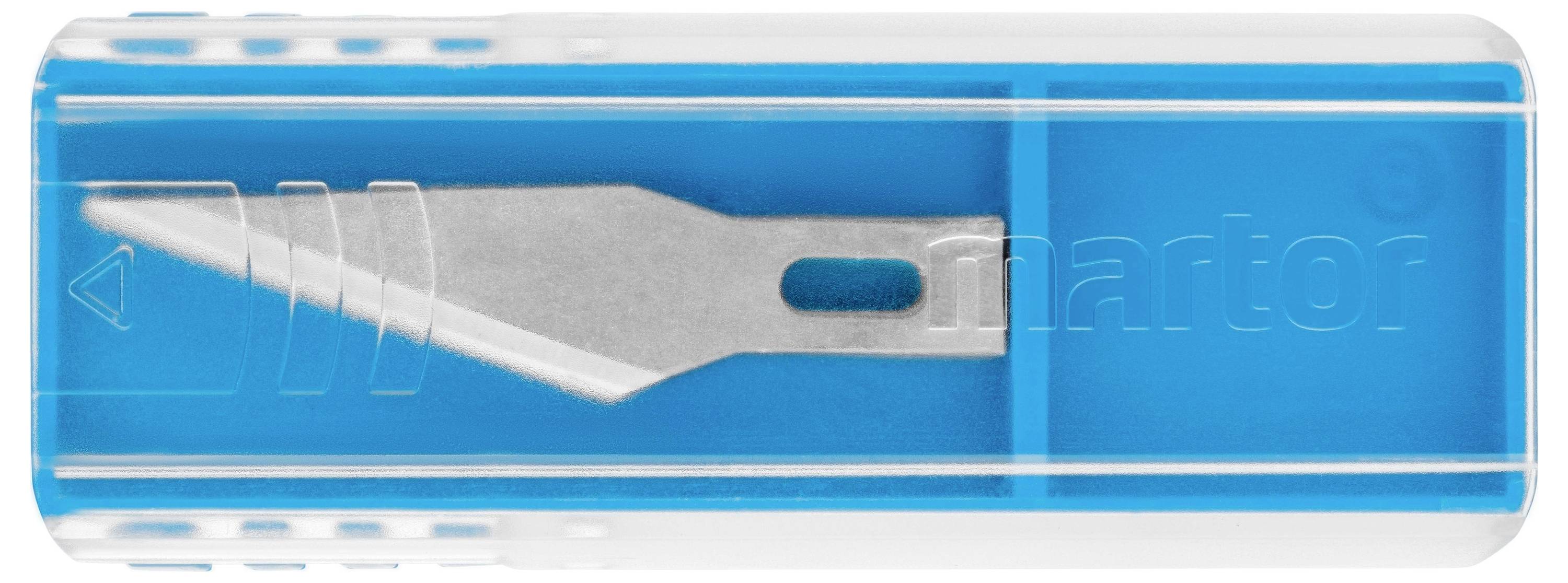 Ein silbernes Skalpellmesser in einem blauen, rechteckigen Kunststoffetui, von oben betrachtet.