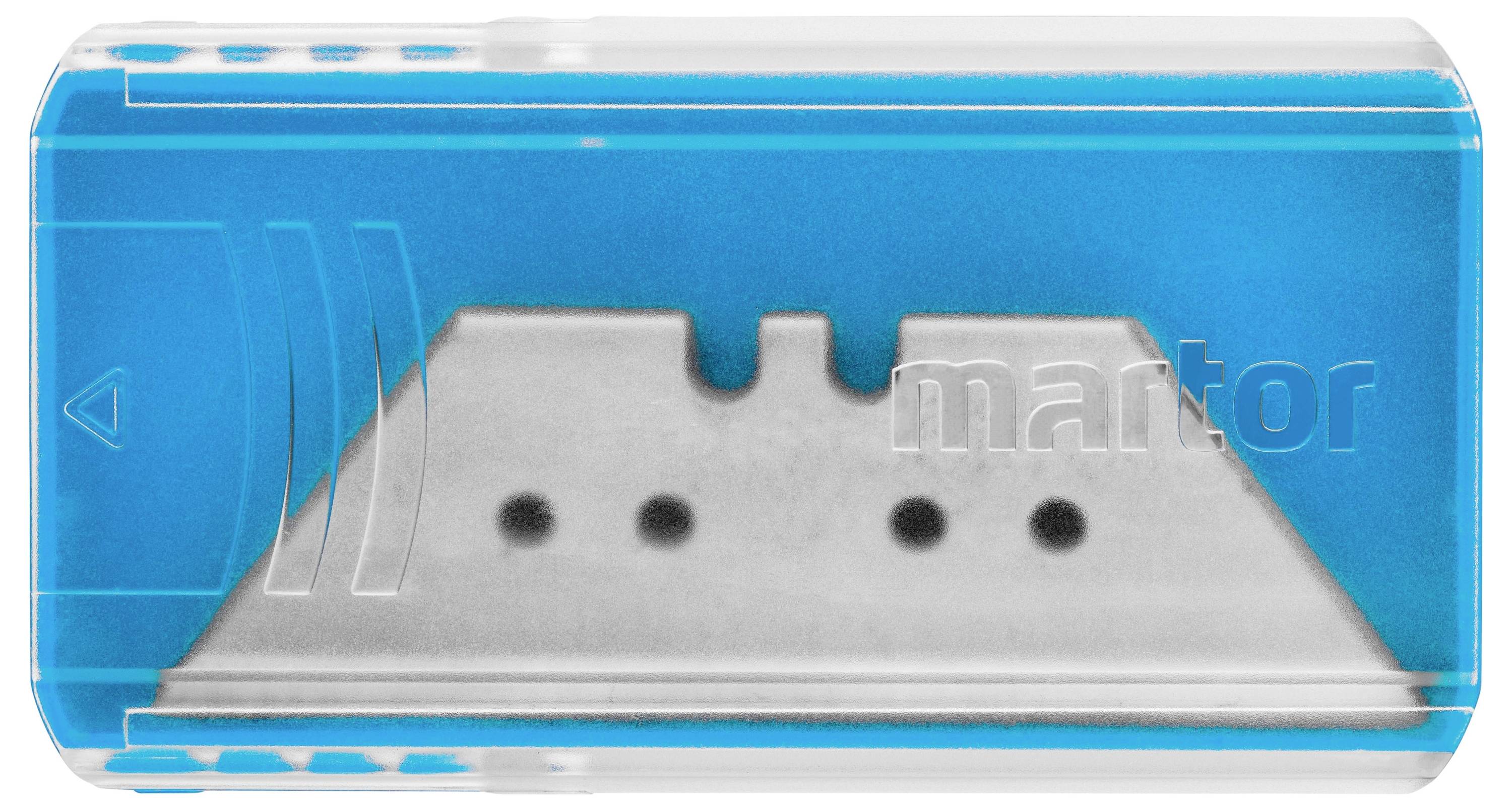 Eine Klinge in einer blauen Kunststoffbox. Die Klinge hat mehrere Löcher und eine Kerbe an der oberen Kante, geeignet für Werkzeuge.