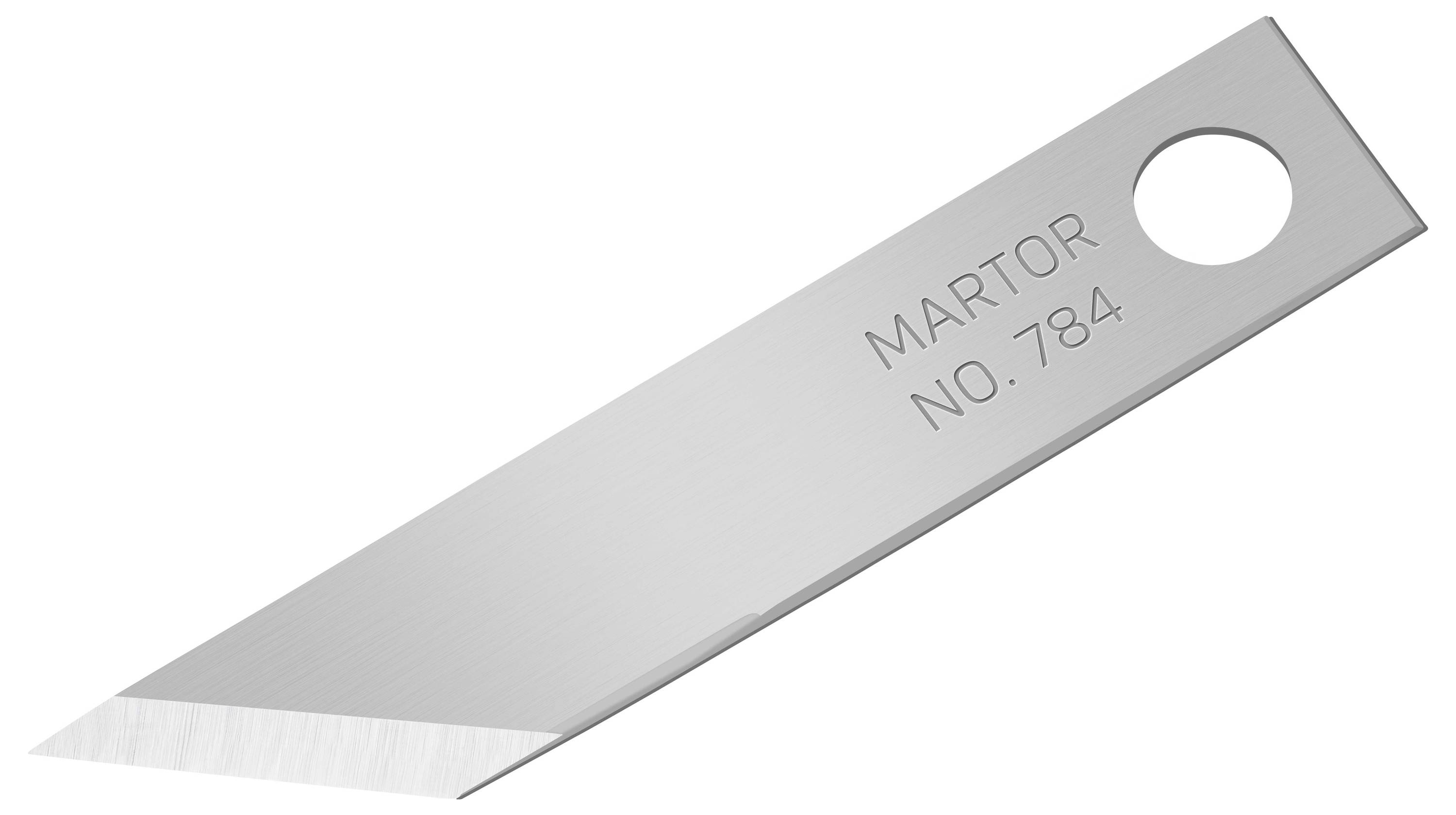 Schneidklinge mit der Aufschrift 'MARTOR NO. 784'; silbern, spitz zulaufend, mit Loch an einem Ende.