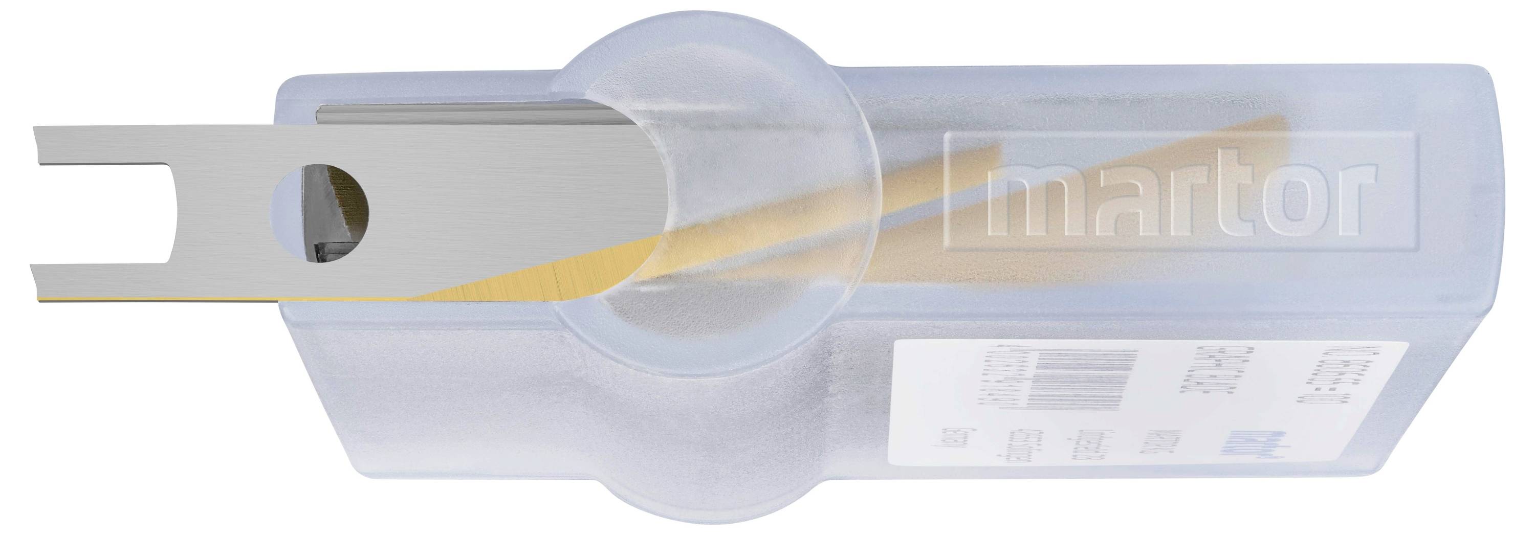Transparente Kunststoffbox mit grauer Klinge, Aufschrift 'martor'.