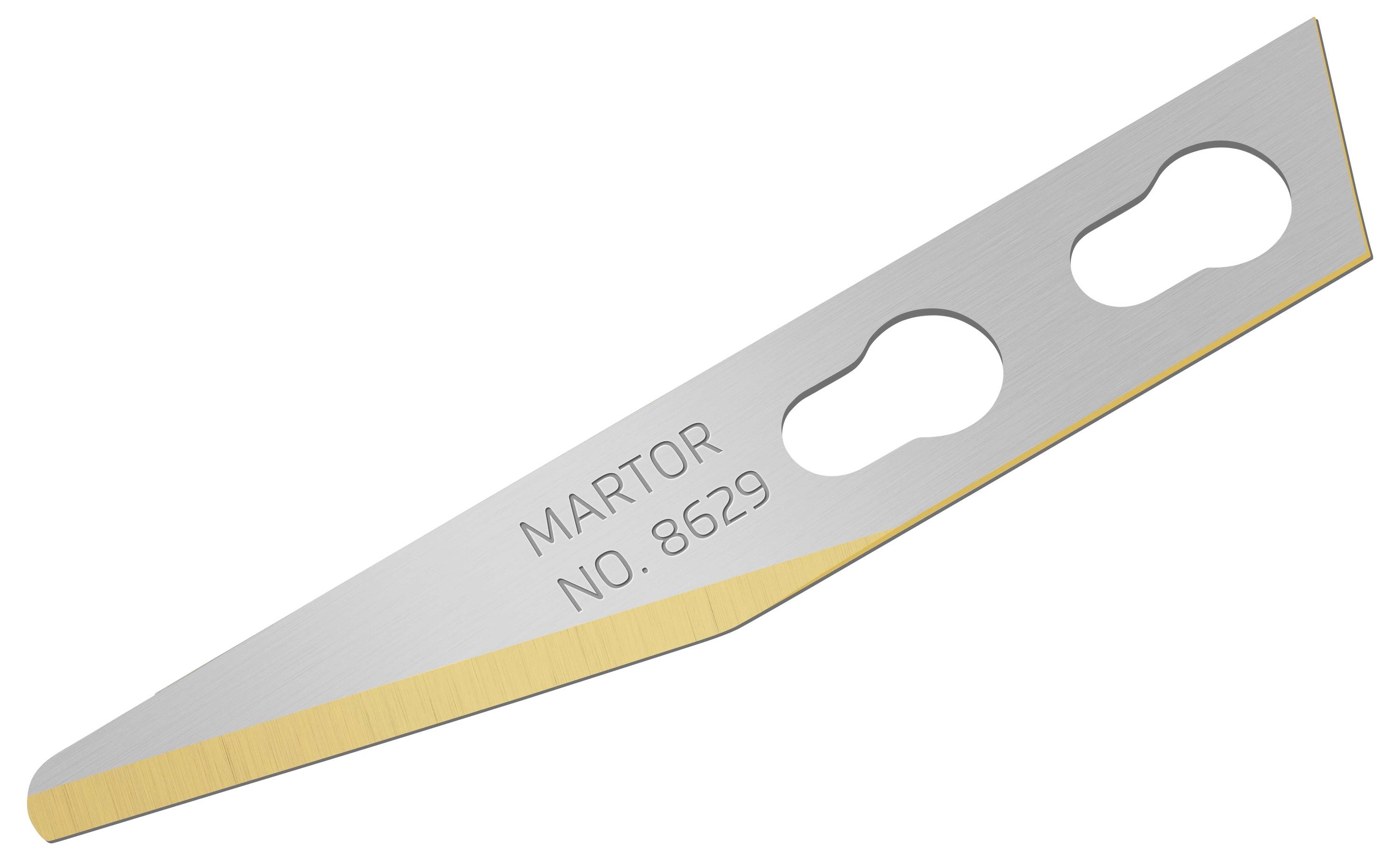 Ein silbernes Ersatzklingenmesser mit zwei Löchern und der Aufschrift 'Martor No. 8629'.