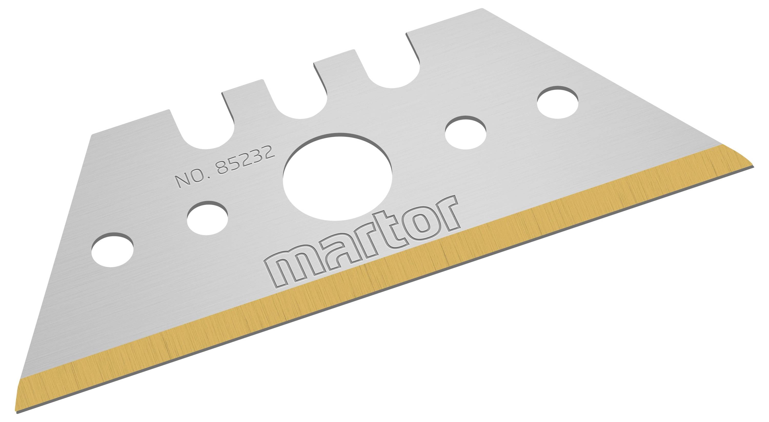 Klinge mit der Aufschrift 'Martor', Modellnummer 85232. Sie ist aus Metall mit gezackten Ausfräsungen oben und einem scharfen Rand unten.