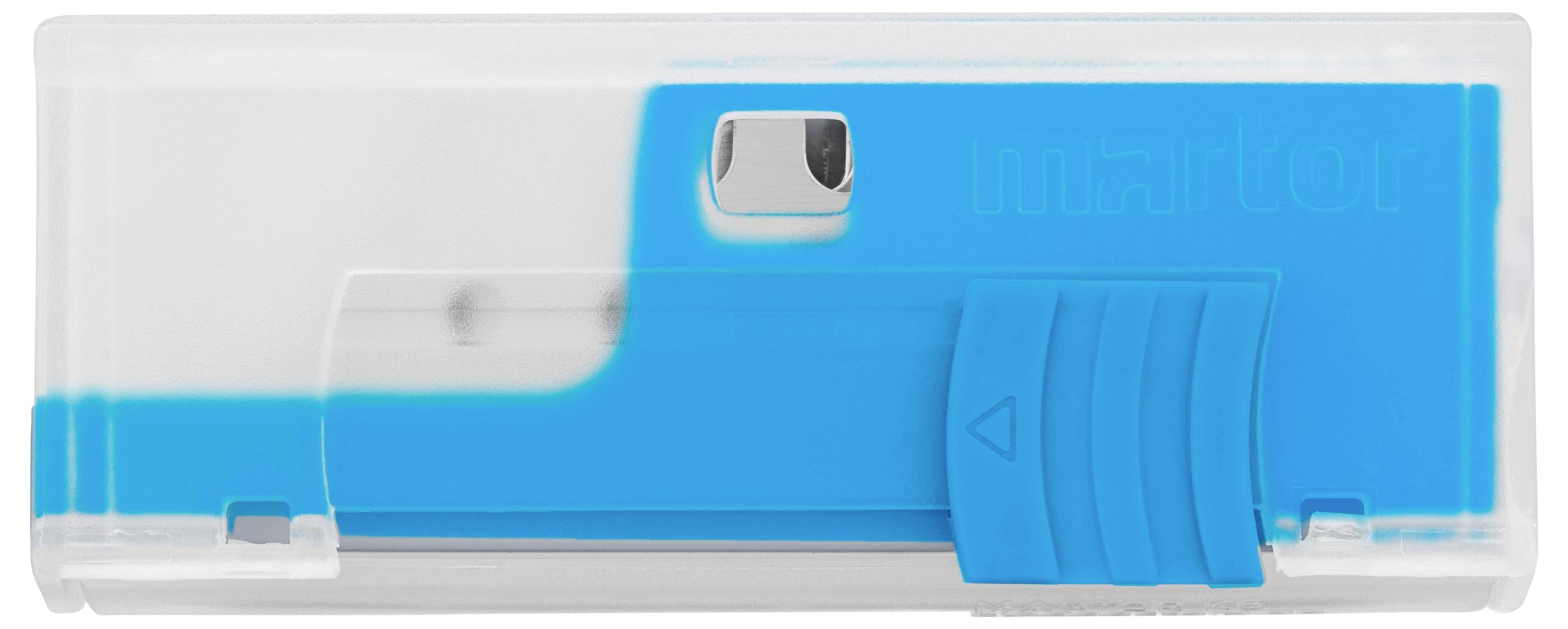 Ein blauer Kunststoff-Anspitzer mit durchsichtigem Gehäuse und Metallklinge, ideal für Bleistifte in verschiedenen Größen.