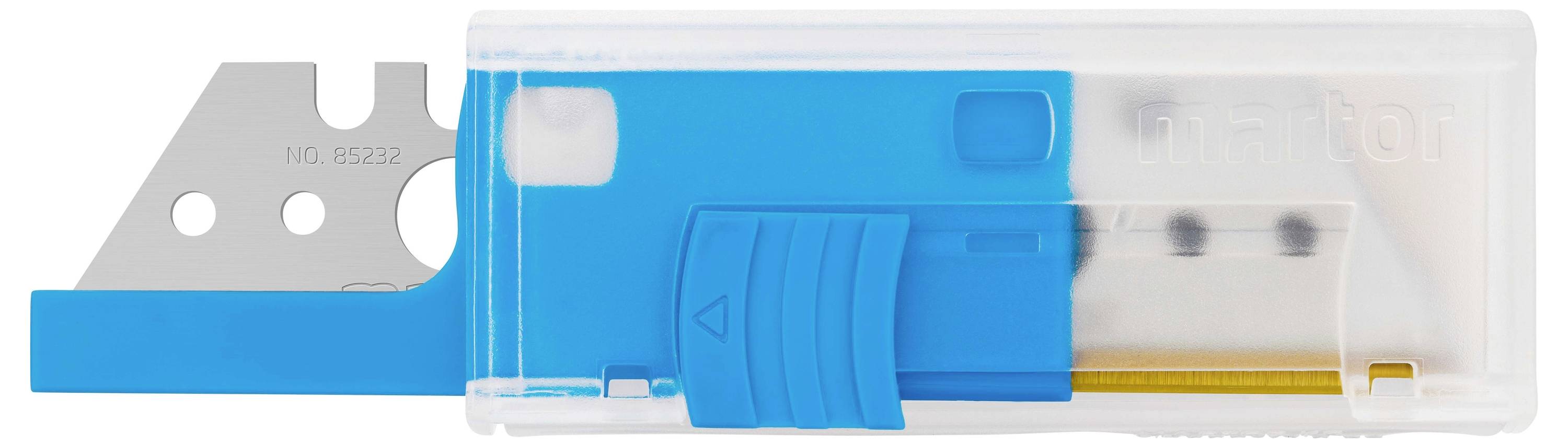 Ein blau-weißes Gehäuse aus Kunststoff, das ein silbernes Ersatzmesser für ein Schneidwerkzeug enthält. Das Gehäuse hat eine Schiebevorrichtung zum Herausnehmen des Messers.