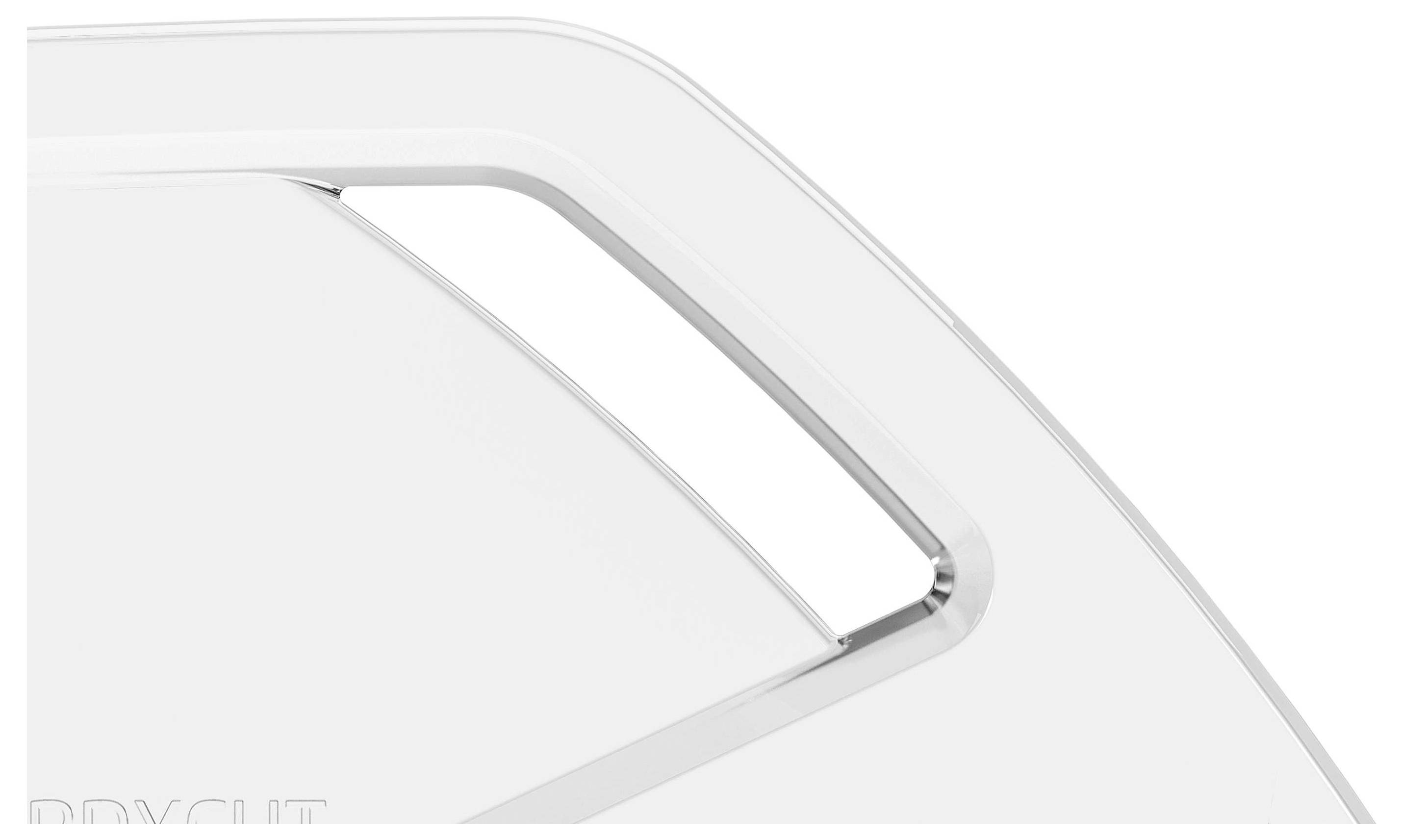 Ein stilisiertes, modernes Design eines weißen Objekts mit kurvigen Linien und einem schmalen, rechteckigen Ausschnitt.