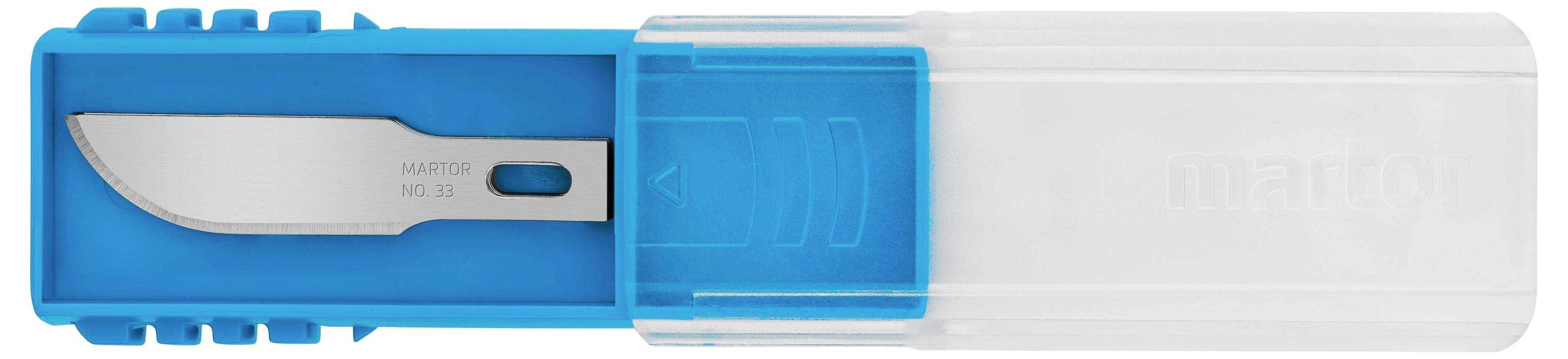Ein blauer Behälter mit einer chirurgischen Klinge des Typs 'MARCO MG-11', teilweise von einer transparenten Abdeckung umhüllt.