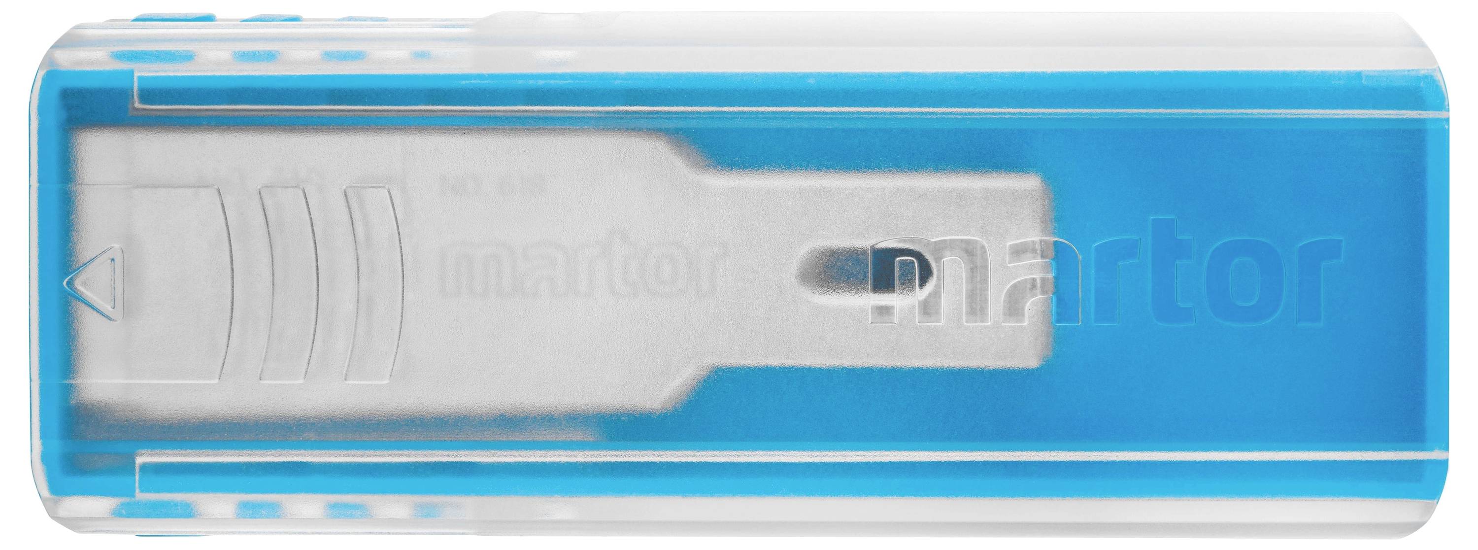 Blauer Ersatzklingenhalter von Martor, rechteckig mit transparentem Deckel, zeigt innenliegende Klinge.