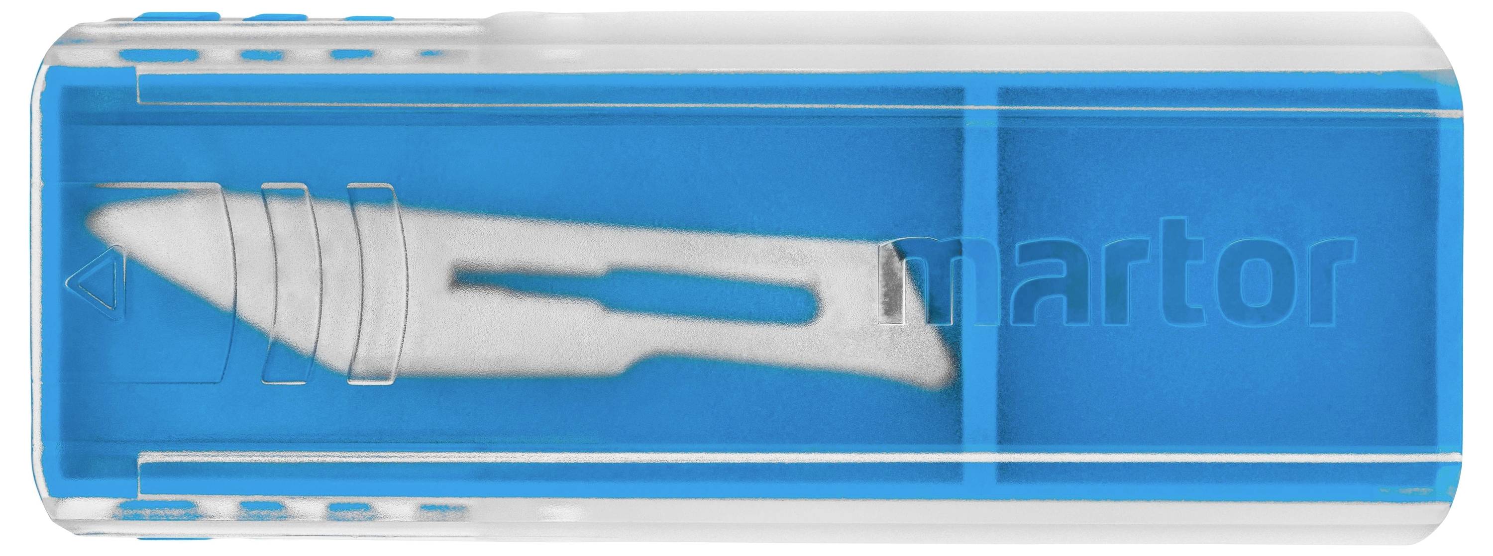 Ein einzelnes weißes Ersatzklingenmesser liegt in einem transparenten blauen Klingenetui mit zwei Fächern.