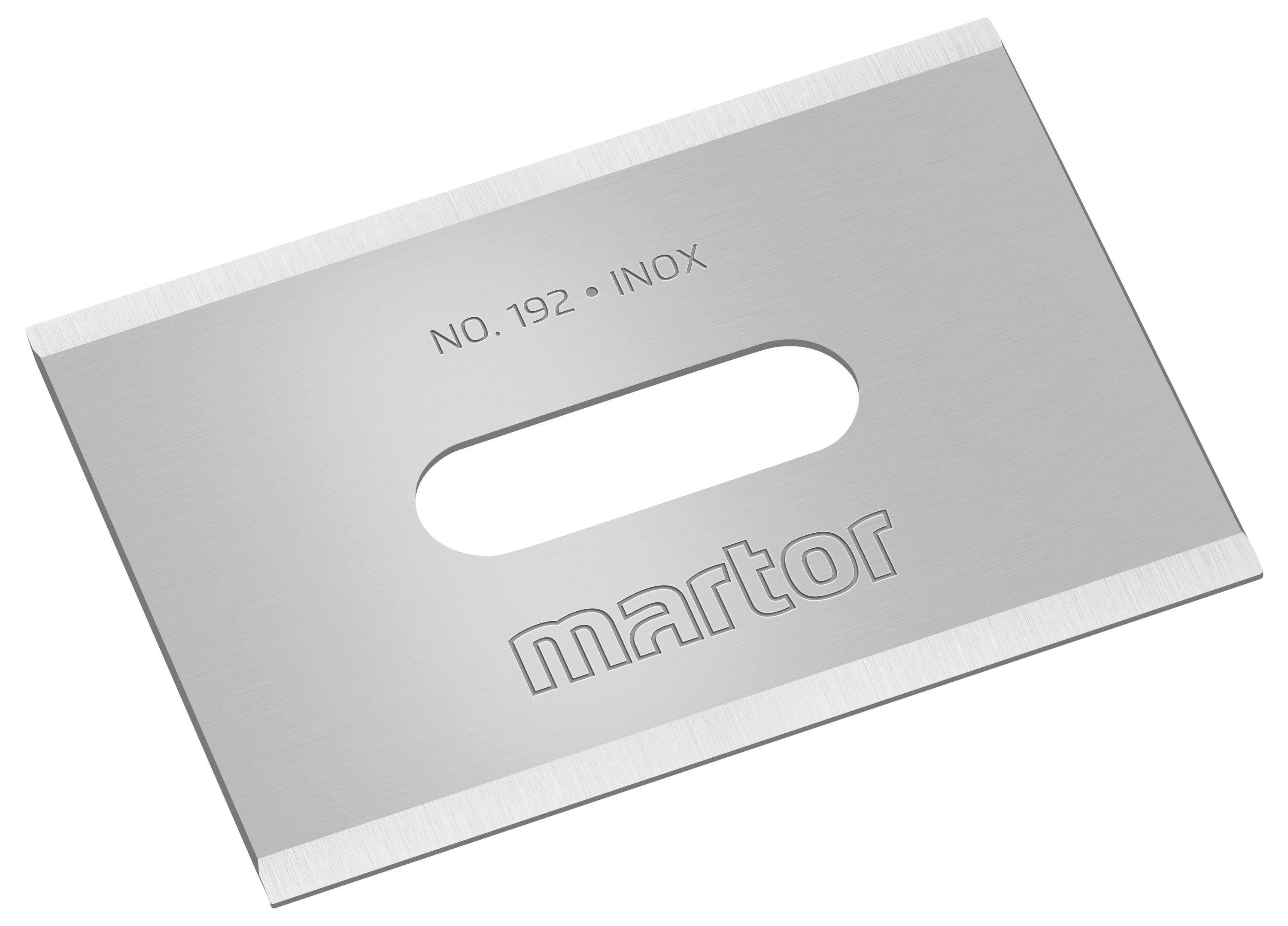 Klingenersatzteil mit der Aufschrift 'NO. 192 INOX martor', silberfarben mit einem zentralen, rechteckigen Schlitz.