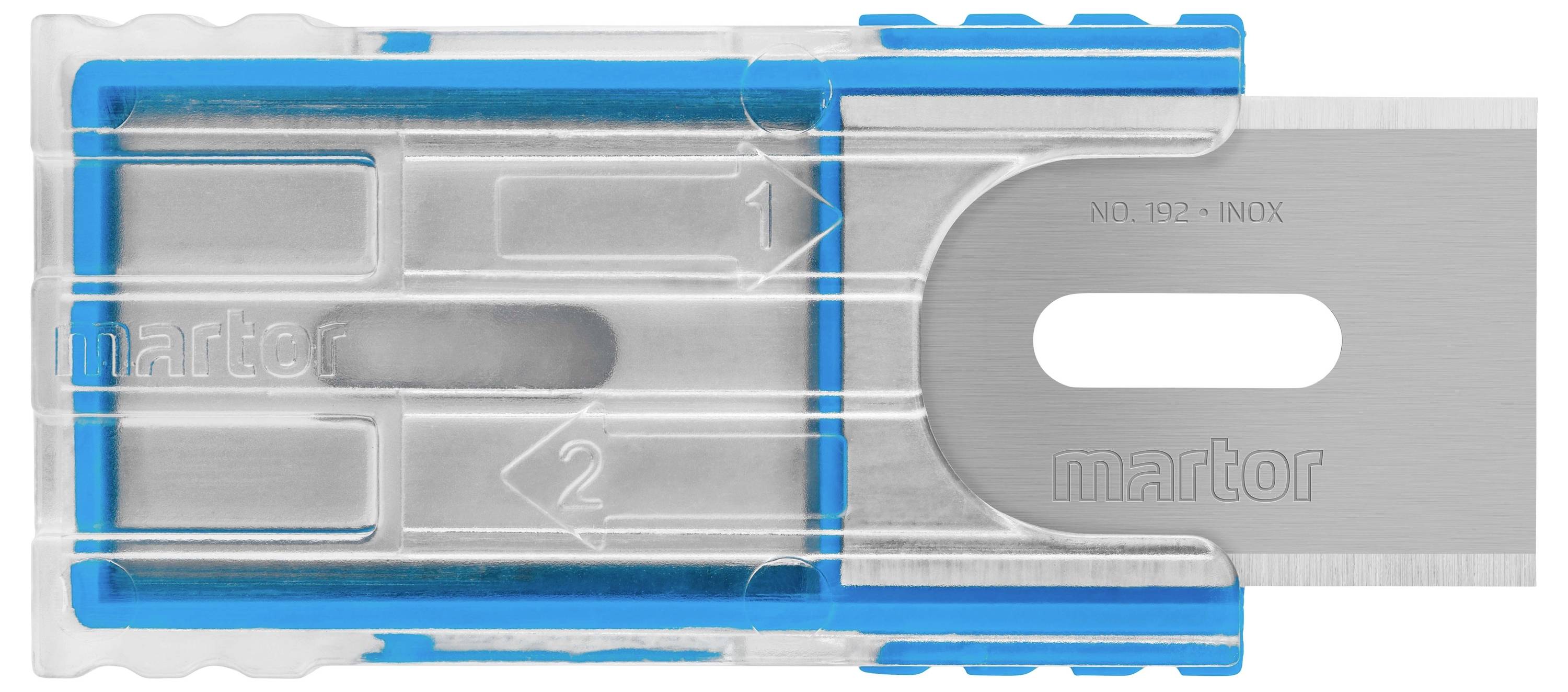 Ein Sicherheitsmesser mit blauer Schutzabdeckung. Die Klinge ist teilweise sichtbar und in einem transparenten Gehäuse integriert.