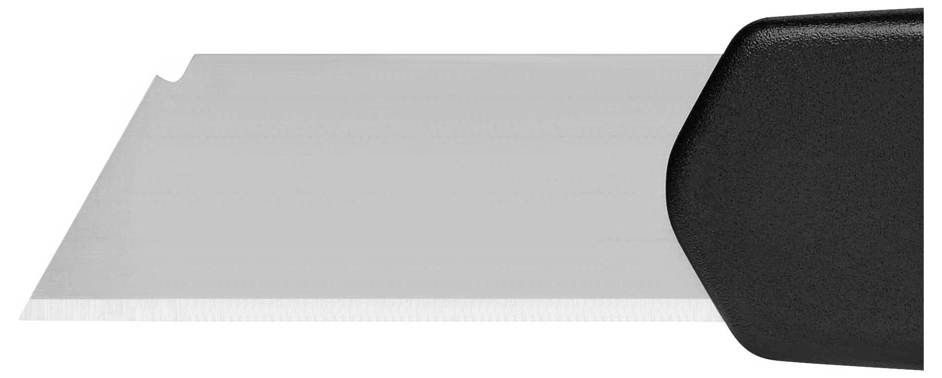 Ein silbernes Rasierklingenmesser mit schwarzem Kunststoffgriff auf weißem Hintergrund.