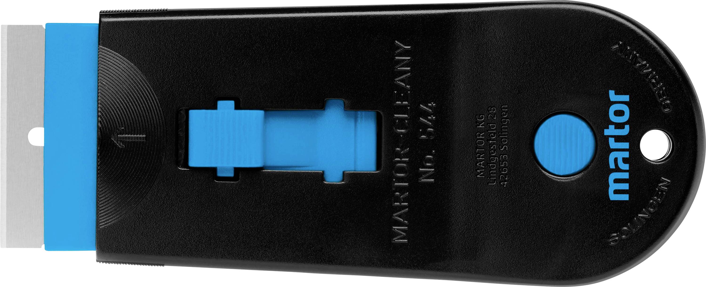 'Martor Sicherheitsmesser Secunorm.' Das Bild zeigt ein schwarzes, flaches Schneidewerkzeug mit blauer Klinge.