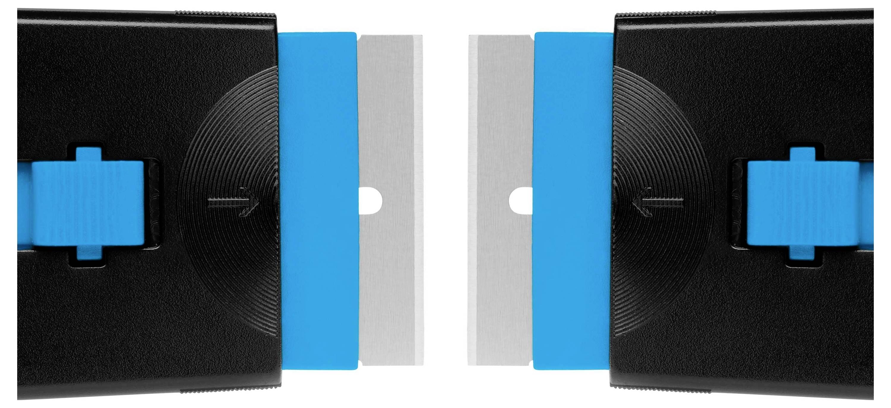 Schaber mit blauer Halterung und Metallklinge.