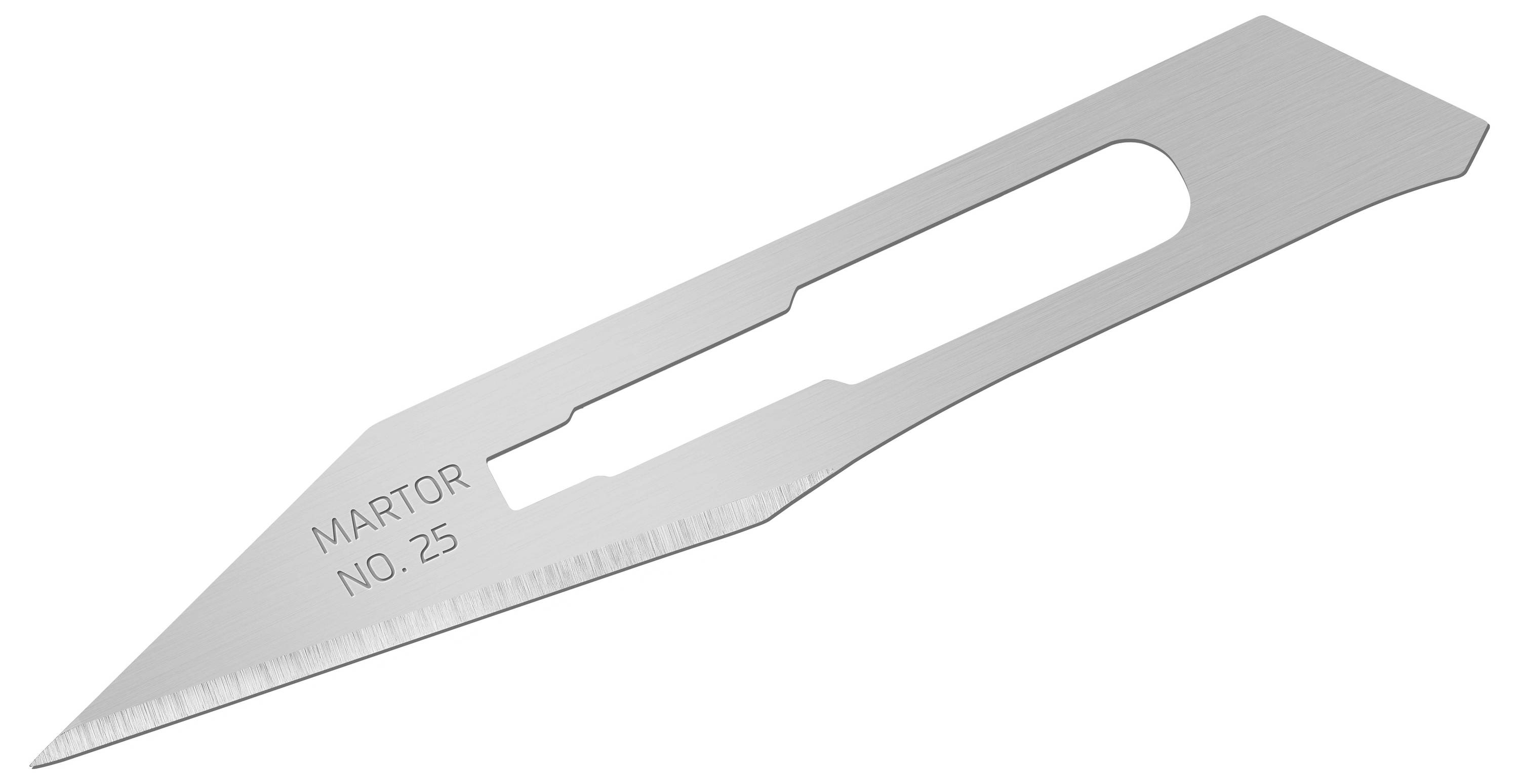 Ein präzises Ersatzklingenmesser der Marke Martor, Modell Nr. 25, mit scharfer Spitze und Öffnung im Schaft für sicheren Halt.
