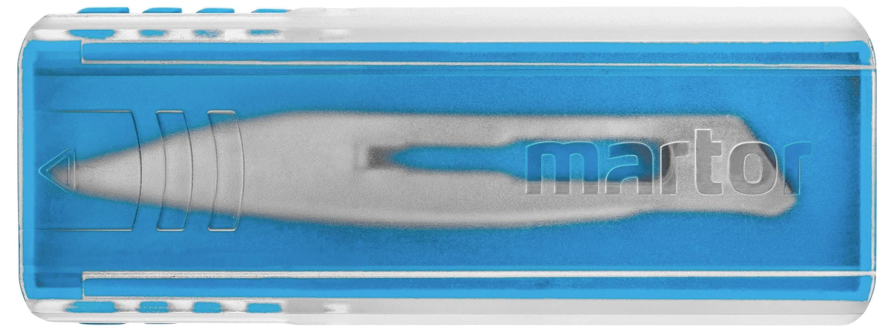Blau-weißes Gehäuse mit silbernem Metallwerkzeug innen, das Logo 'martor' ist sichtbar.