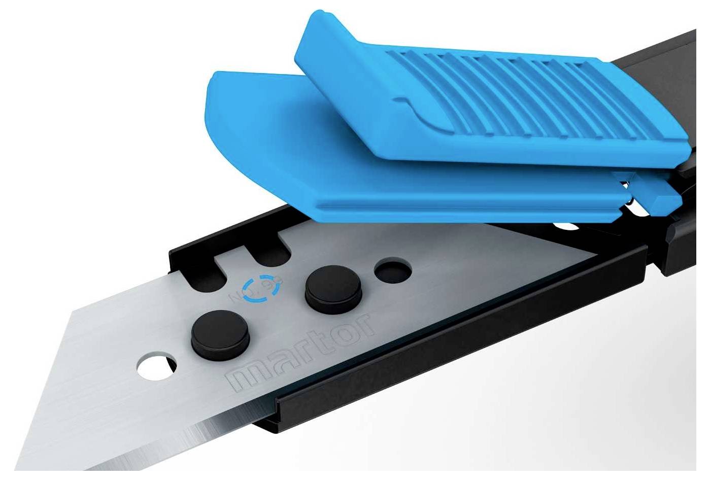 Ein Sicherheitsmesser mit ausgefahrener Klinge, blauer Schiebergriff und Sicherungsknöpfe. Ideal für sicheres Schneiden geeignet.