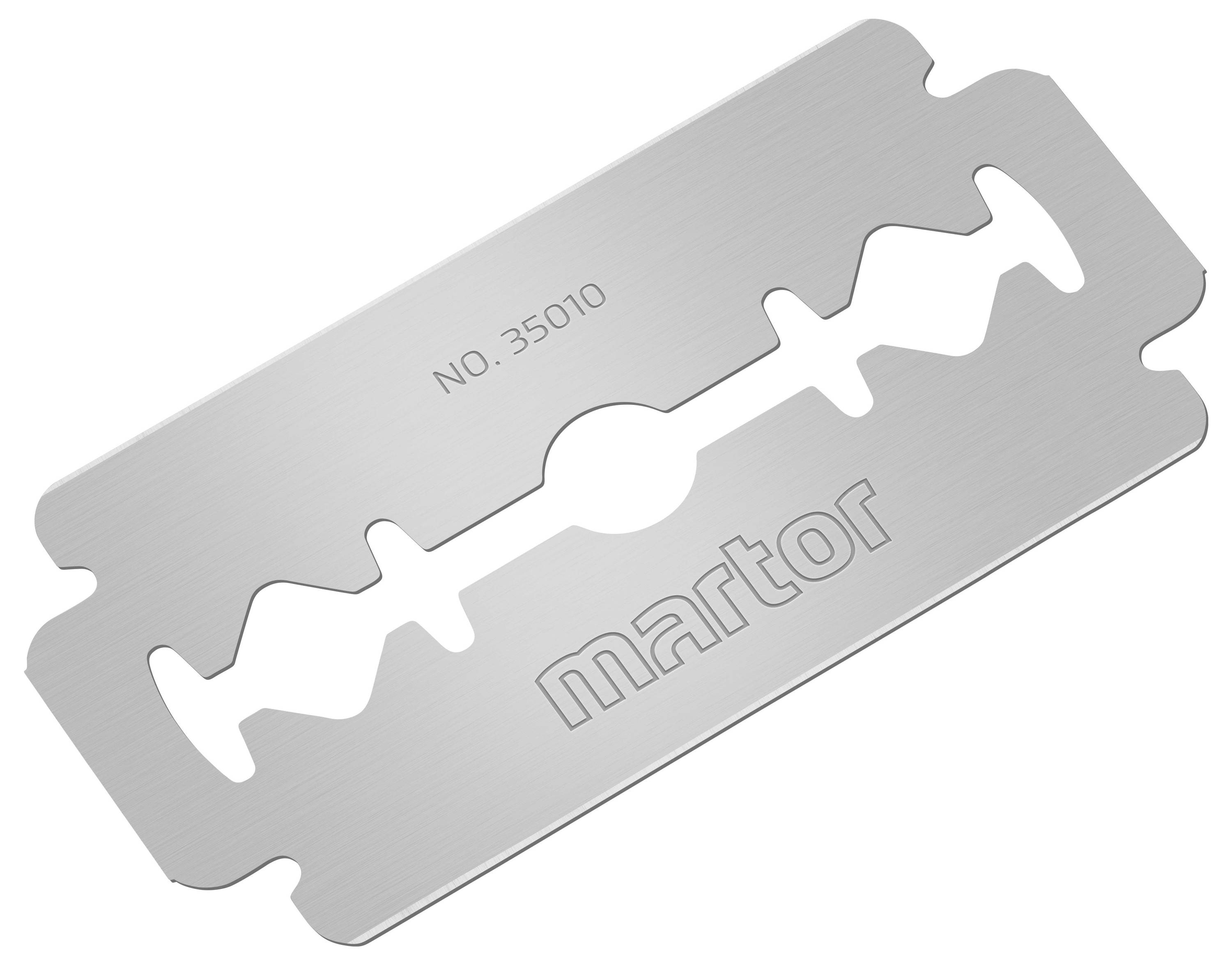 'Martor Rasierklinge' mit der Gravur 'No. 35010'. Klinge aus Metall, rechteckig mit gezackten Kanten in der Mitte.