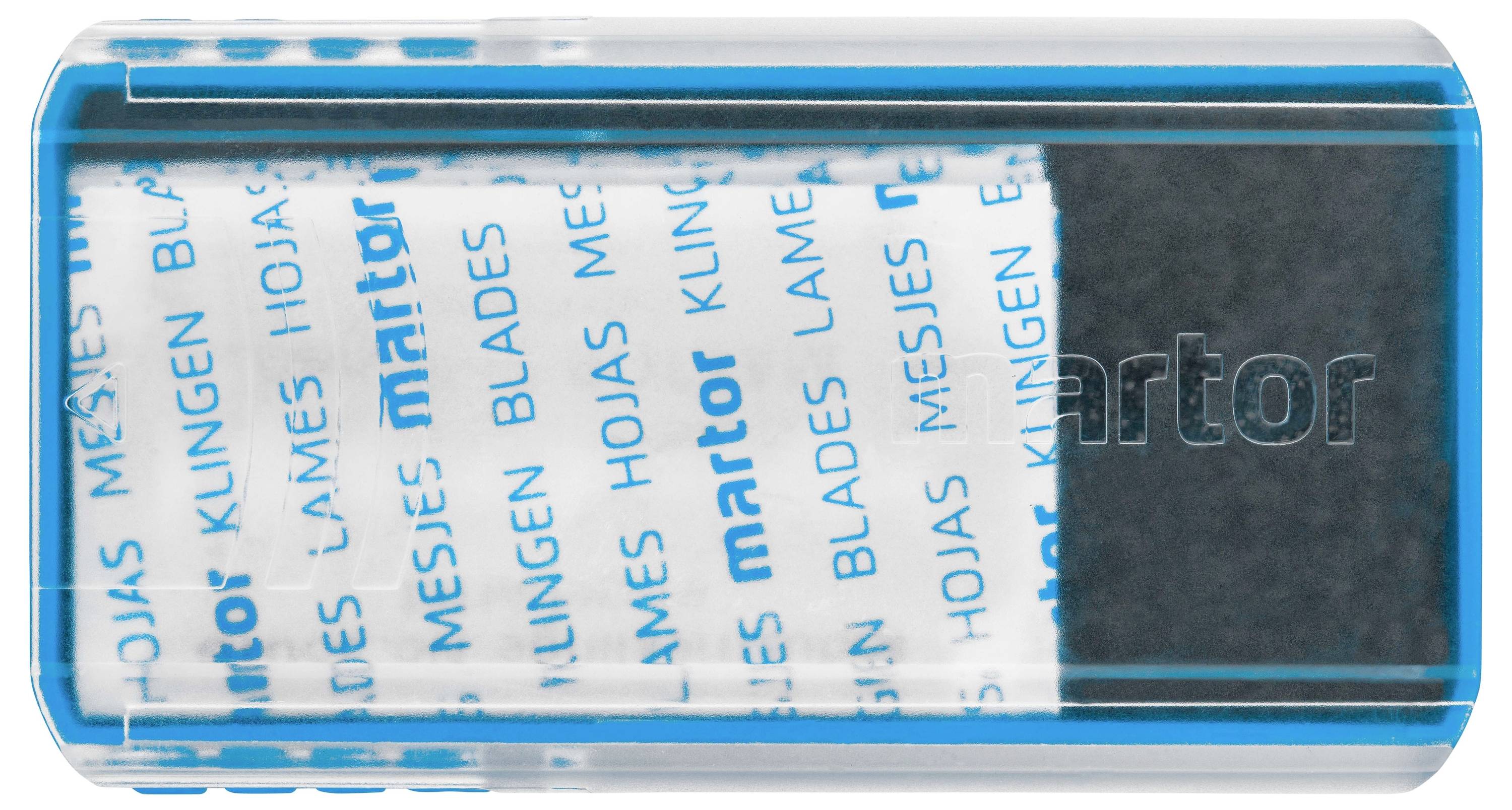 Ein Behälter mit Ersatzklingen, beschriftet mit 'klingen', 'lames', 'blades' und weiteren Sprachen. Klingen sind durchsichtige Kunststoffabdeckung sichtbar.