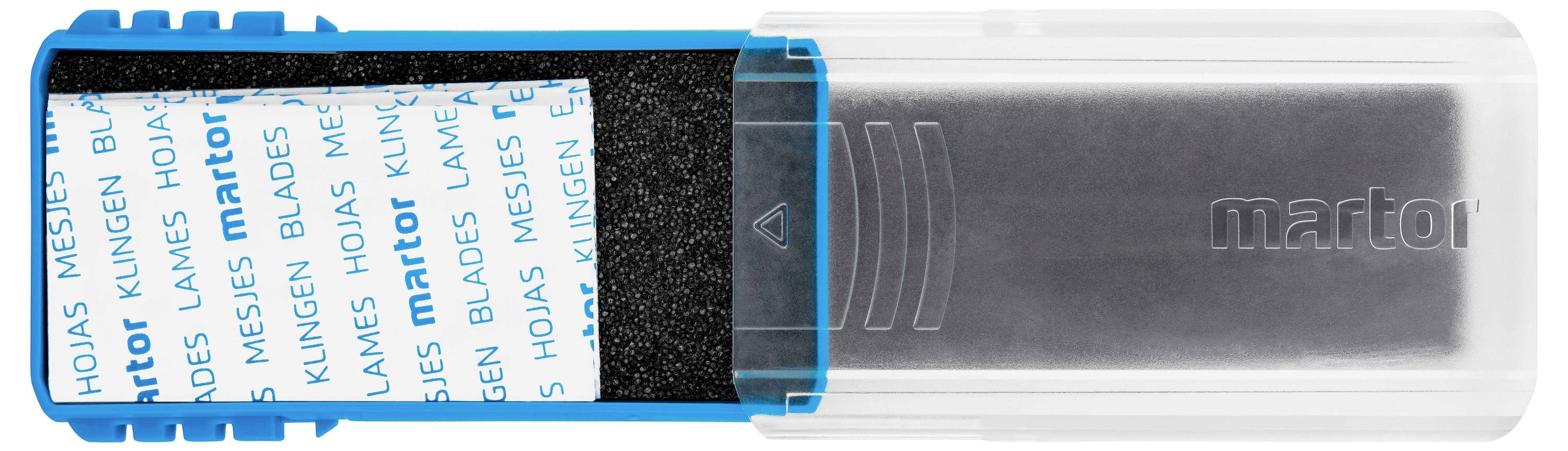 Blauer Kunststoffbehälter mit Klarsichtdeckel, der Ersatzklingen enthält. Der Aufdruck 'HOJAS, LAMES, Klingen' ist sichtbar.