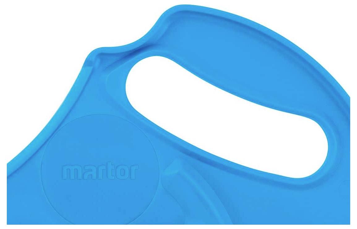 Ein blauer Kunststoffgriff mit ellipsenförmiger Öffnung, geeignet für stationäre Schneidgeräte.