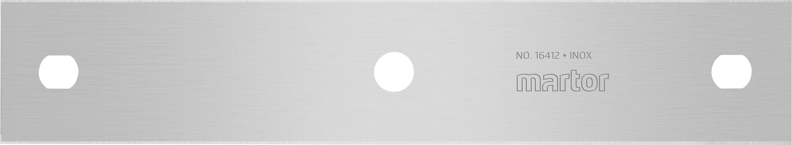 'Martor Ersatzklinge Nr. 84200', aus Edelstahl, rechteckig, mit zwei rautenförmigen und einem runden Loch zur Befestigung. Ideal für Schneidwerkzeuge.