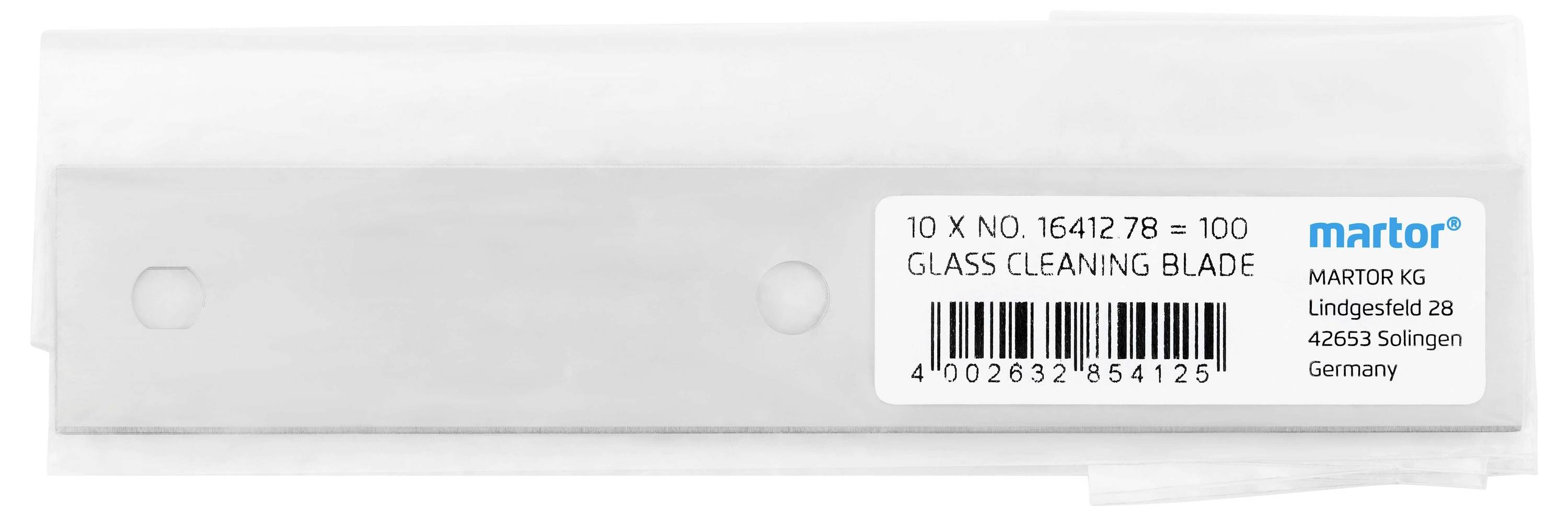 'Glass Cleaning Blade' von Martor, 10 Stück. Verpackung mit Firmenadresse: Lindgesfeld 28, 42653 Solingen, Deutschland.
