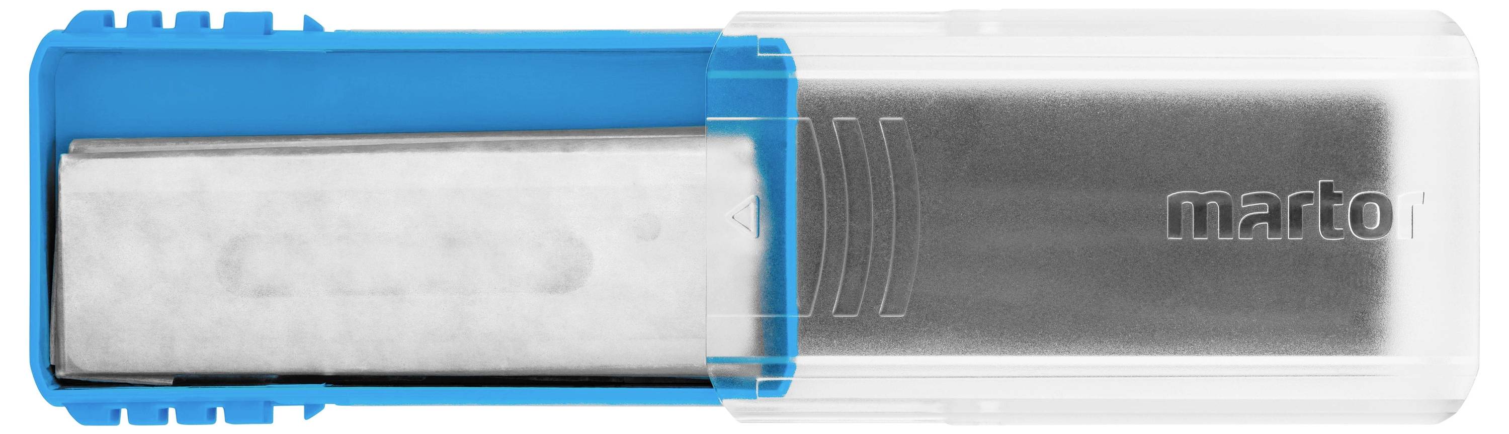 Ein Block Stifte in einer blau-transparenten Box mit der Aufschrift 'marto'.