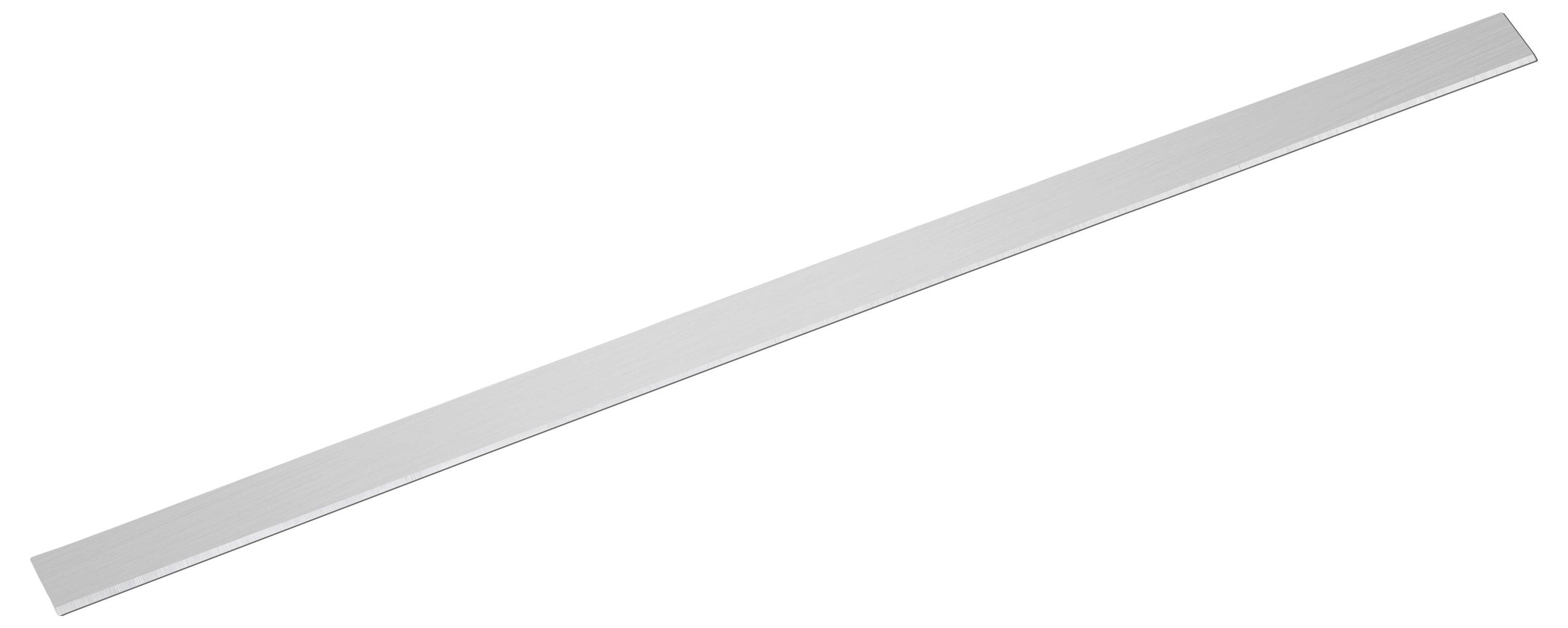 Ein langer, silberner Metallstreifen in horizontaler Ausrichtung, möglicherweise eine Leiste oder ein Lineal.