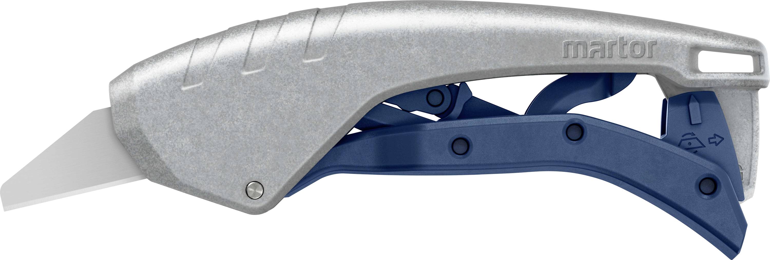 Metallisches Sicherheitsmesser mit blauer Kunststoff-Griffmechanik und ausfahrbarer, nicht arretierbarer Klinge für schnelles Schneiden.