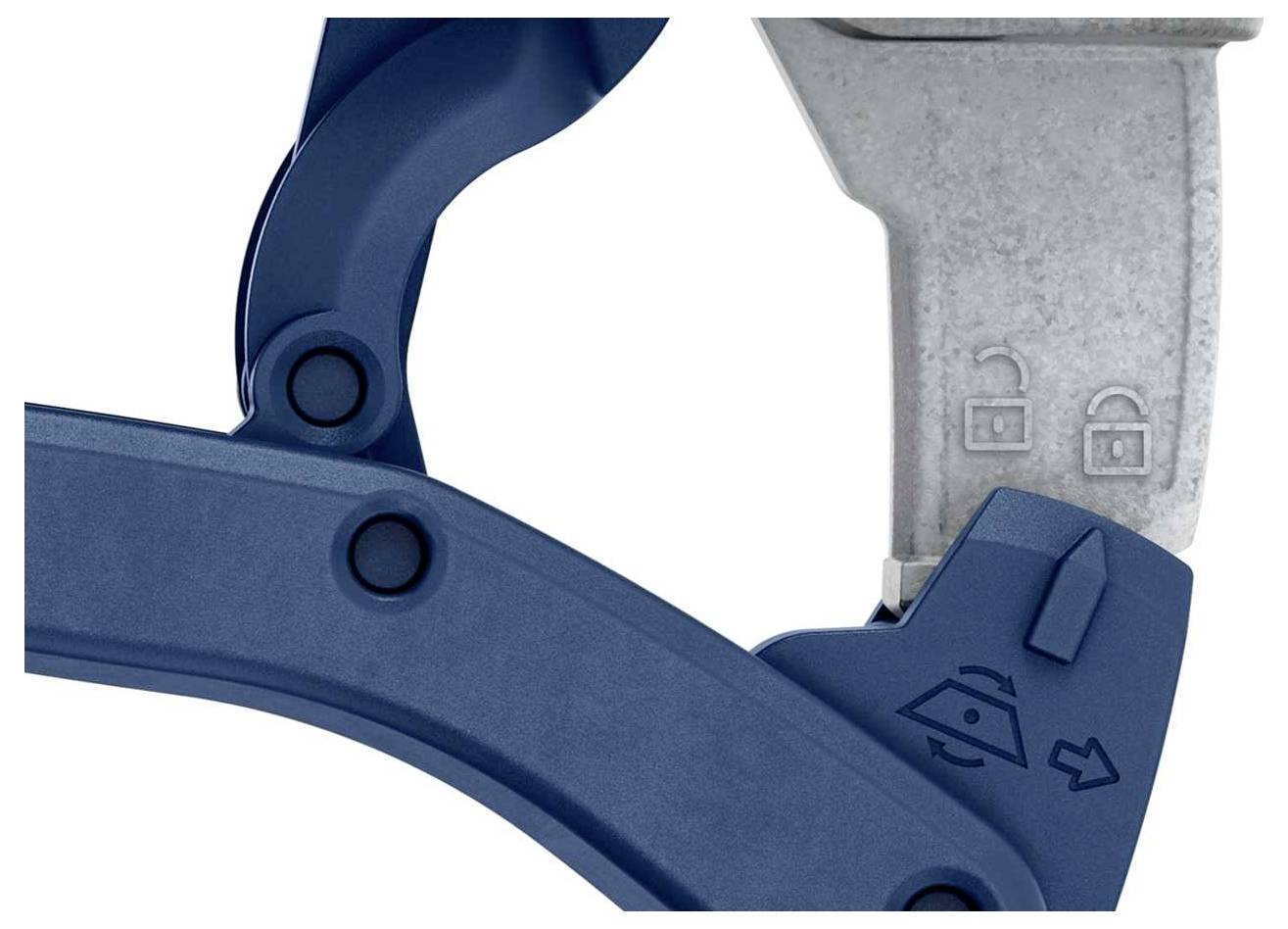 Ein blauer, mechanischer Hebel neben einem metallischen Schloss-Symbol mit geschlossener und offener Verriegelung.