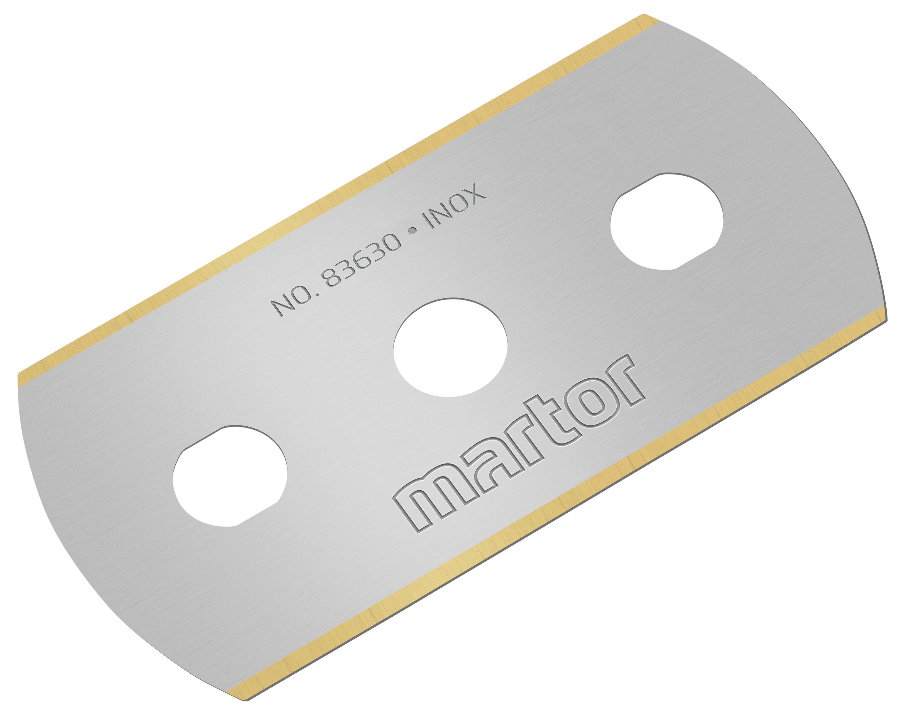 Klingenmesser der Marke Martor, Modellnummer 83630 aus rostfreiem Stahl, mit drei runden Löchern und abgeschrägten goldenen Kanten.