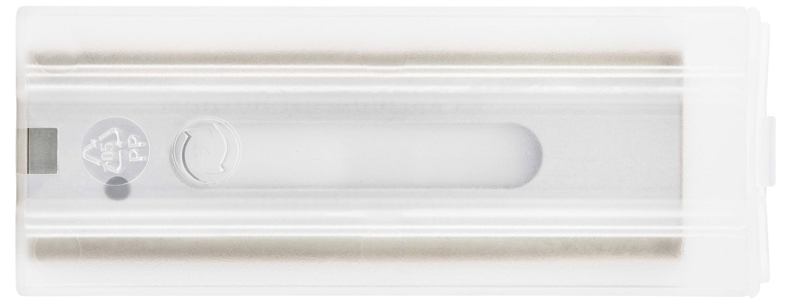 Ein weißer Kunststoffbehälter mit einem transparenten Fenster in der Mitte, durch das ein Teil eines Metallzylinders sichtbar ist.