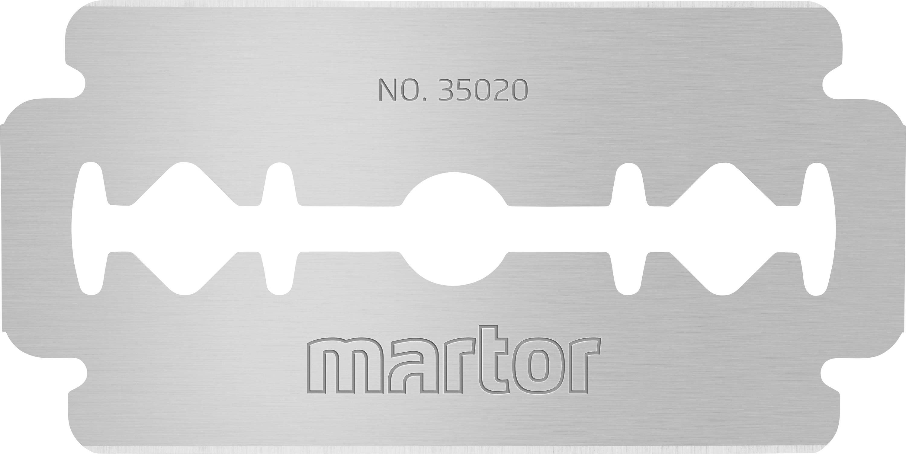 'Martor'-Klingen für Rasiermesser, Aufschrift 'NO. 35020'. Silbernes, metallisches Aussehen.