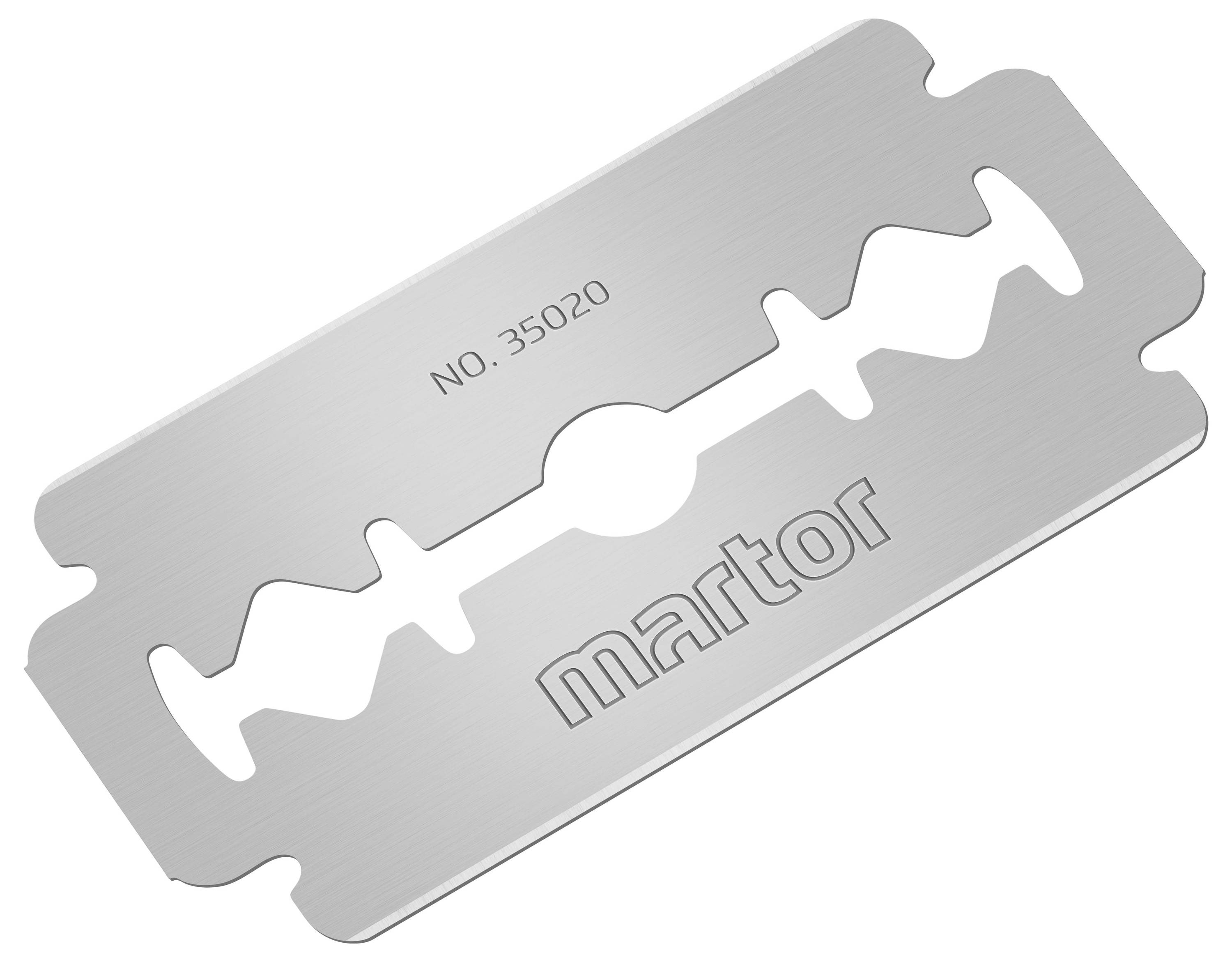 'Martor' Doppelklingen-Rasierklinge aus Metall mit der Aufschrift 'NO. 35020'.