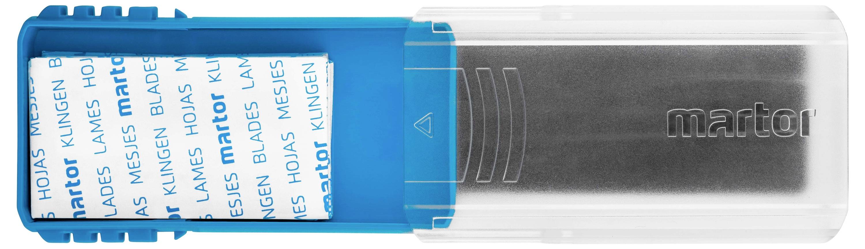 Blauer Klingenbehälter mit transparenter Abdeckung, 'martor'-Logo sichtbar. Enthält einzeln verpackte Klingen für Sicherheitsmesser.