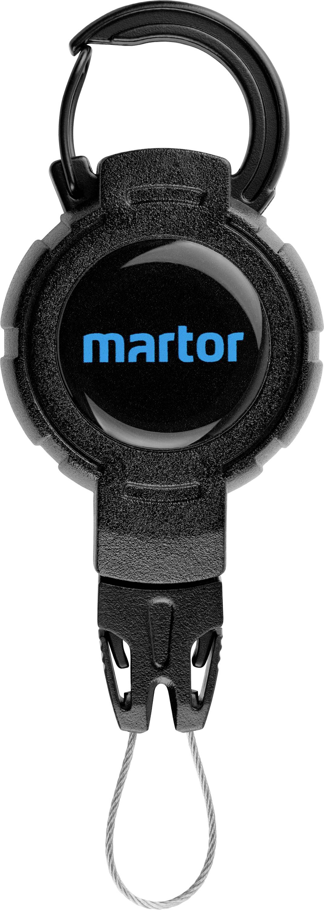 Ein schwarzer Schlüsselanhänger mit 'martor'-Logo in Blau. Oben befindet sich ein Karabinerhaken, unten ein Seil mit Schlaufe.