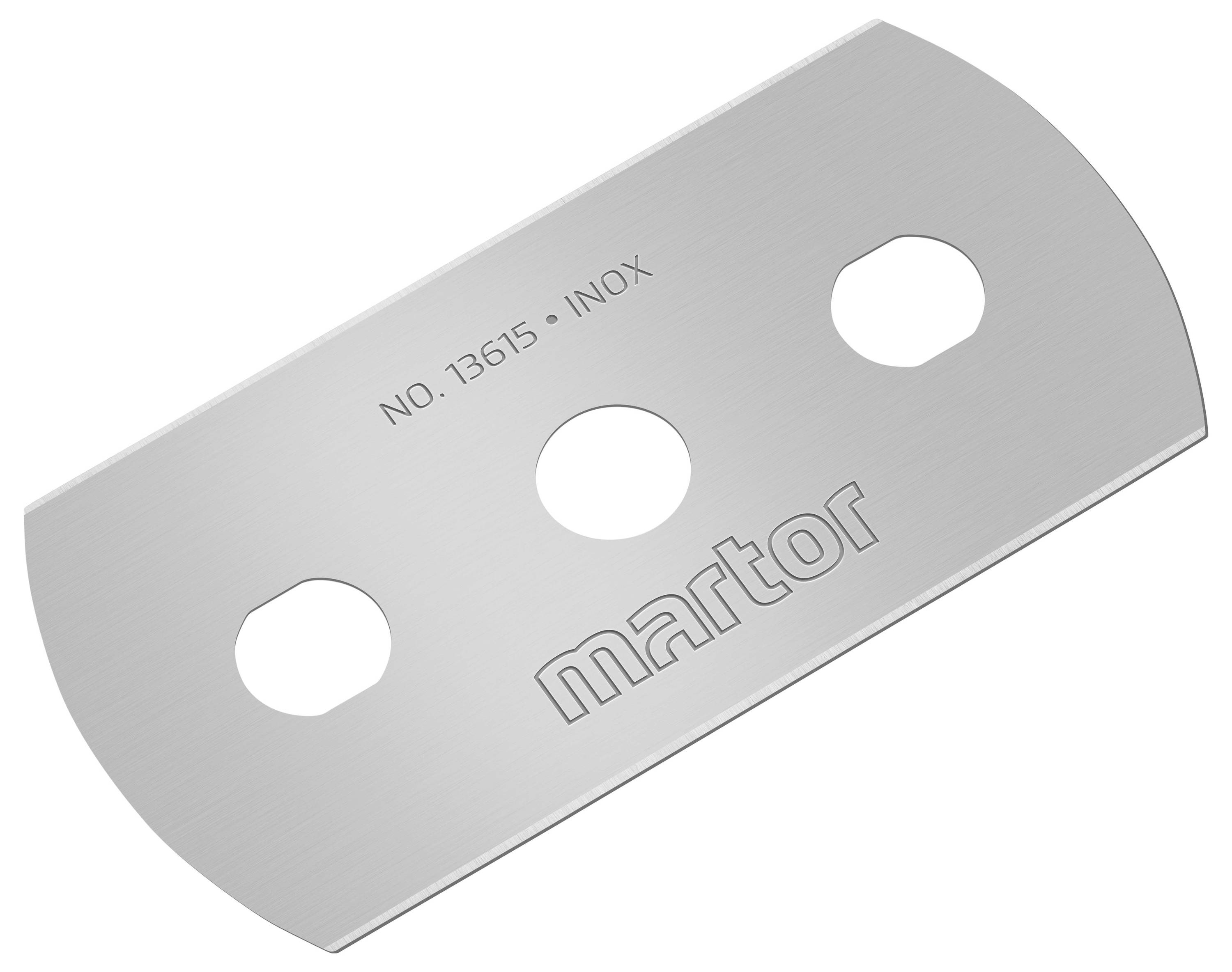Ein silbernes Universalmesser-Ersatzklinge mit drei Löchern. Oben ist die Aufschrift 'NO. 13615 - INOX' zu sehen, darunter das Wort 'martor'.