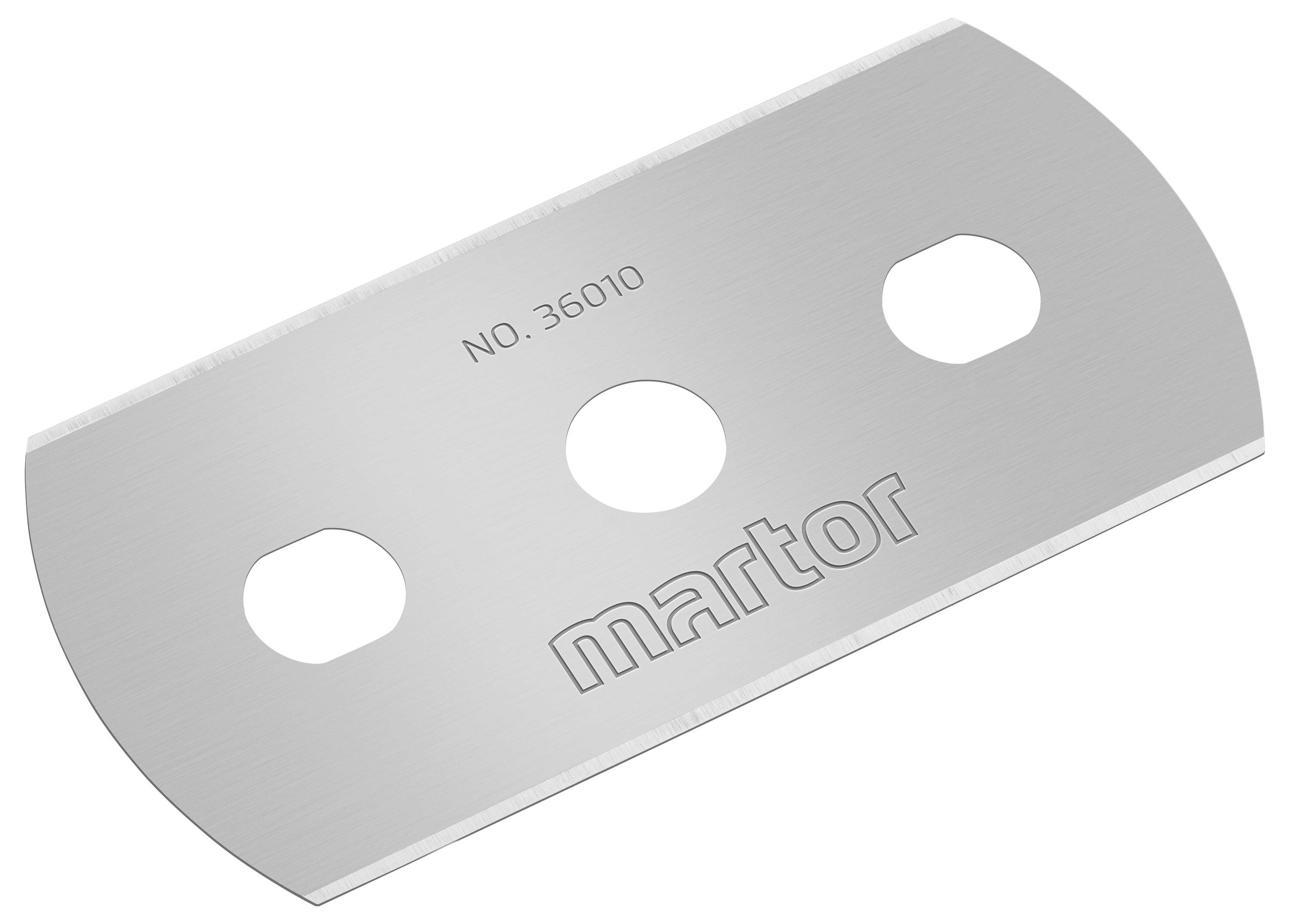 Eine silberne Klinge mit der Aufschrift 'Martor' und der Nummer '36010'. Sie hat drei Löcher in der Mitte und abgerundete Ecken.