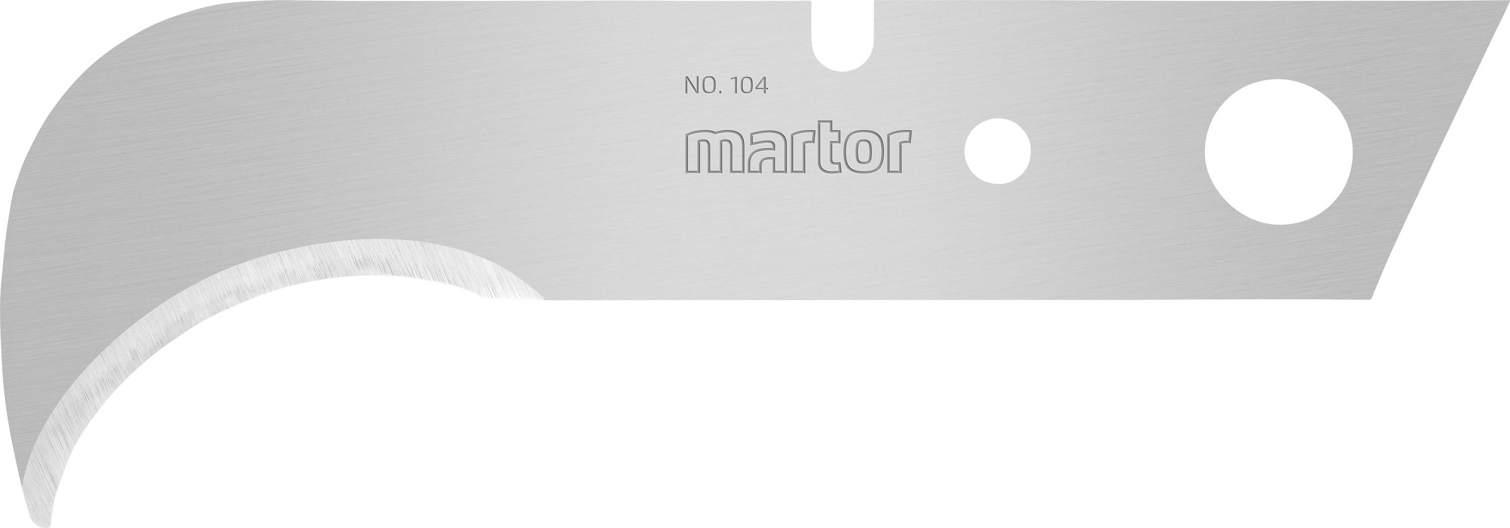 Ein silbernes Ersatzklingenmesser mit der Aufschrift 'NO. 104 martor'. Es hat eine gebogene und flache Schneide mit mehreren runden Aussparungen.