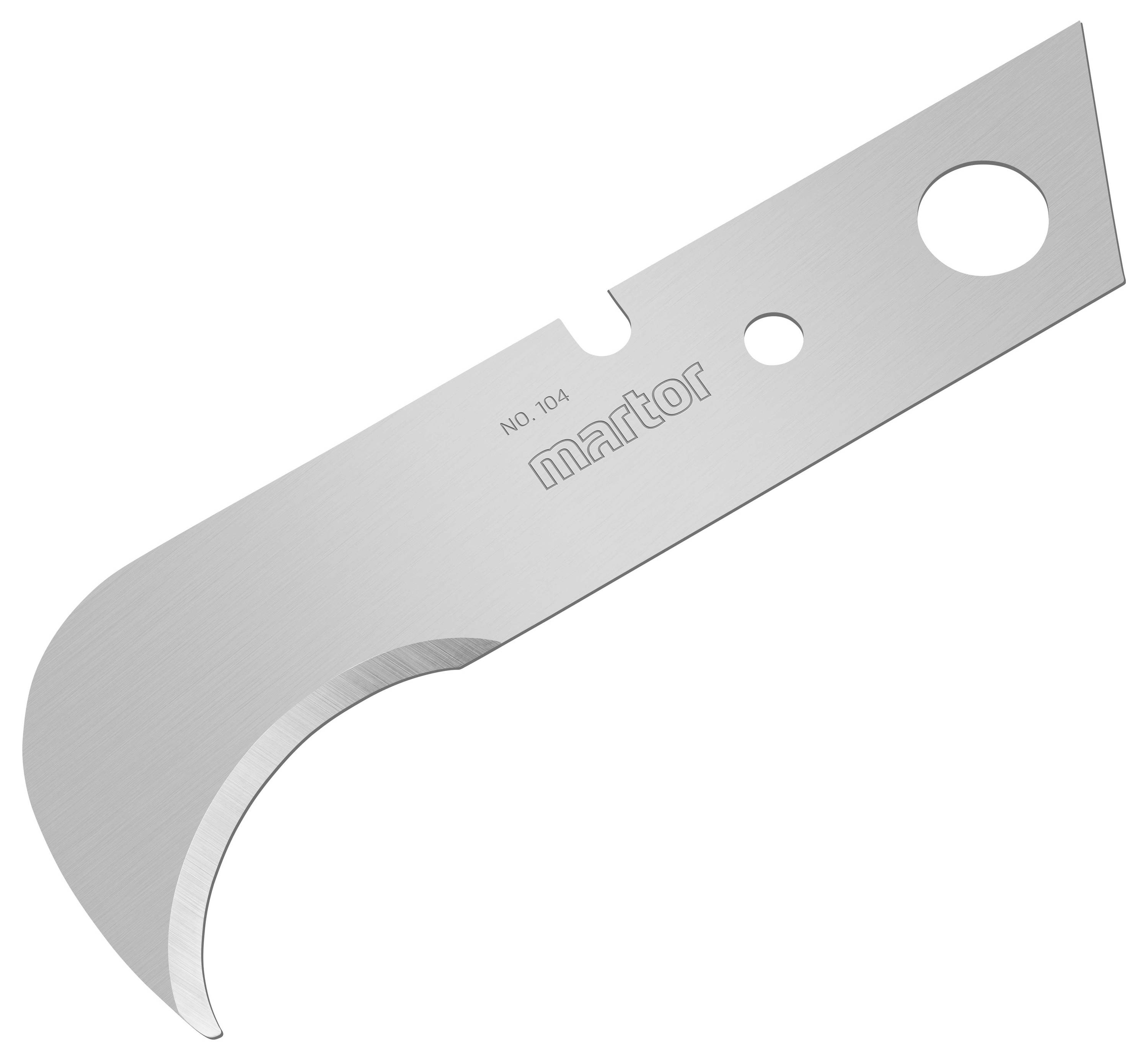 Metallklinge mit gebogener Kante und zwei Befestigungsöffnungen. Text auf der Klinge: 'martor'.
