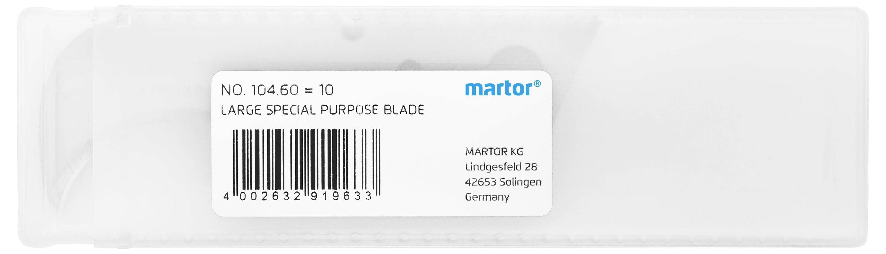 Klinge in Plastikbox mit Etikett: 'NO. 104 60 = 10 LARGE SPECIAL PURPOSE BLADE' und Herstellerinformationen.