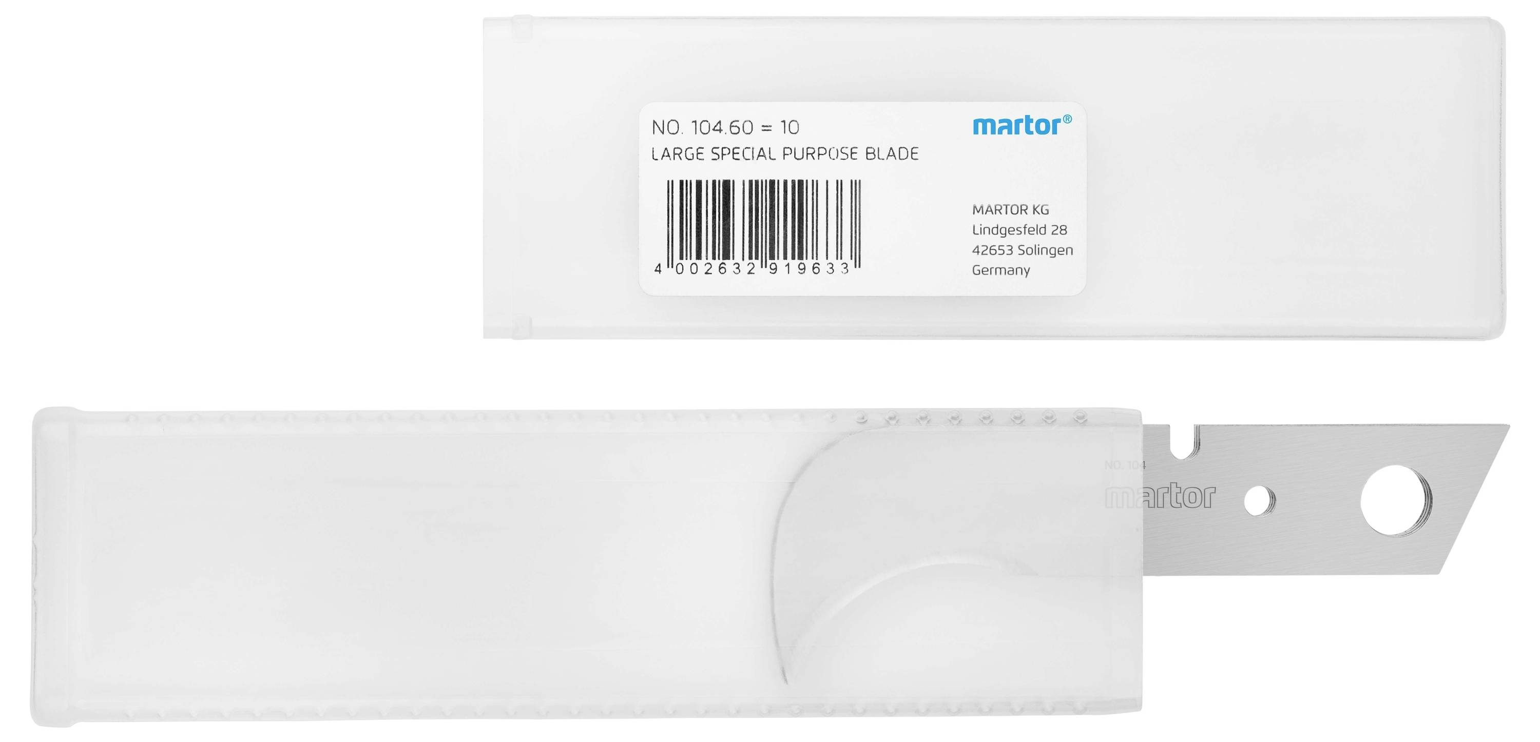 Ein weißes Etui mit einer speziellen Klinge. Etikett zeigt: 'LARGE SPECIAL PURPOSE BLADE'. Herstellerinformationen sind angegeben.