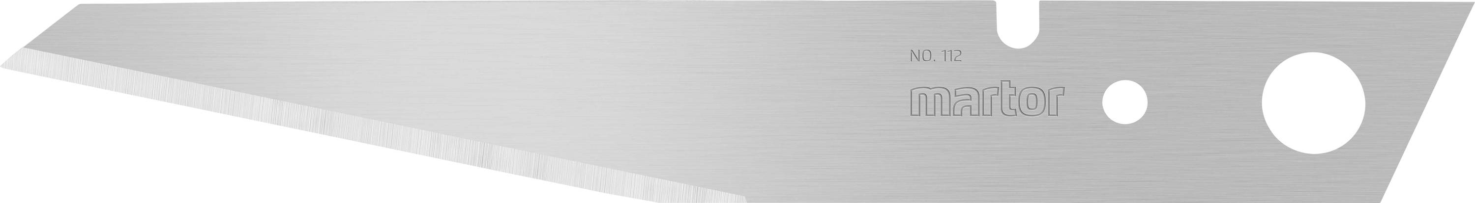 Metallklinge mit mehreren runden Aussparungen und der Aufschrift 'martor'. Klarer, funktionaler Schnitt für Schneidewerkzeuge.