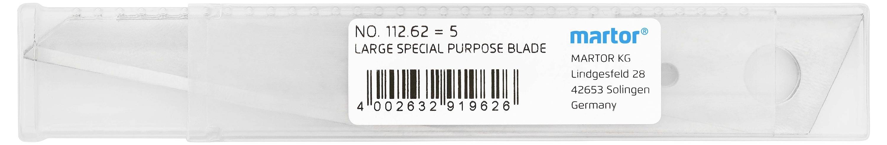 Eine Verpackung mit der Aufschrift: 'LARGE SPECIAL PURPOSE BLADE', enthält Spezialklingen der Marke Martor. Getätigt in Solingen, Deutschland.