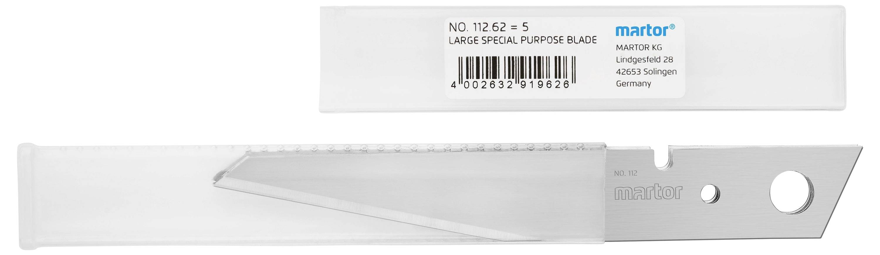 Ein großes Spezialklingenmesser mit einer Kartonverpackung. Aufdruck mit Produktnummer und Herstellerangaben sichtbar.