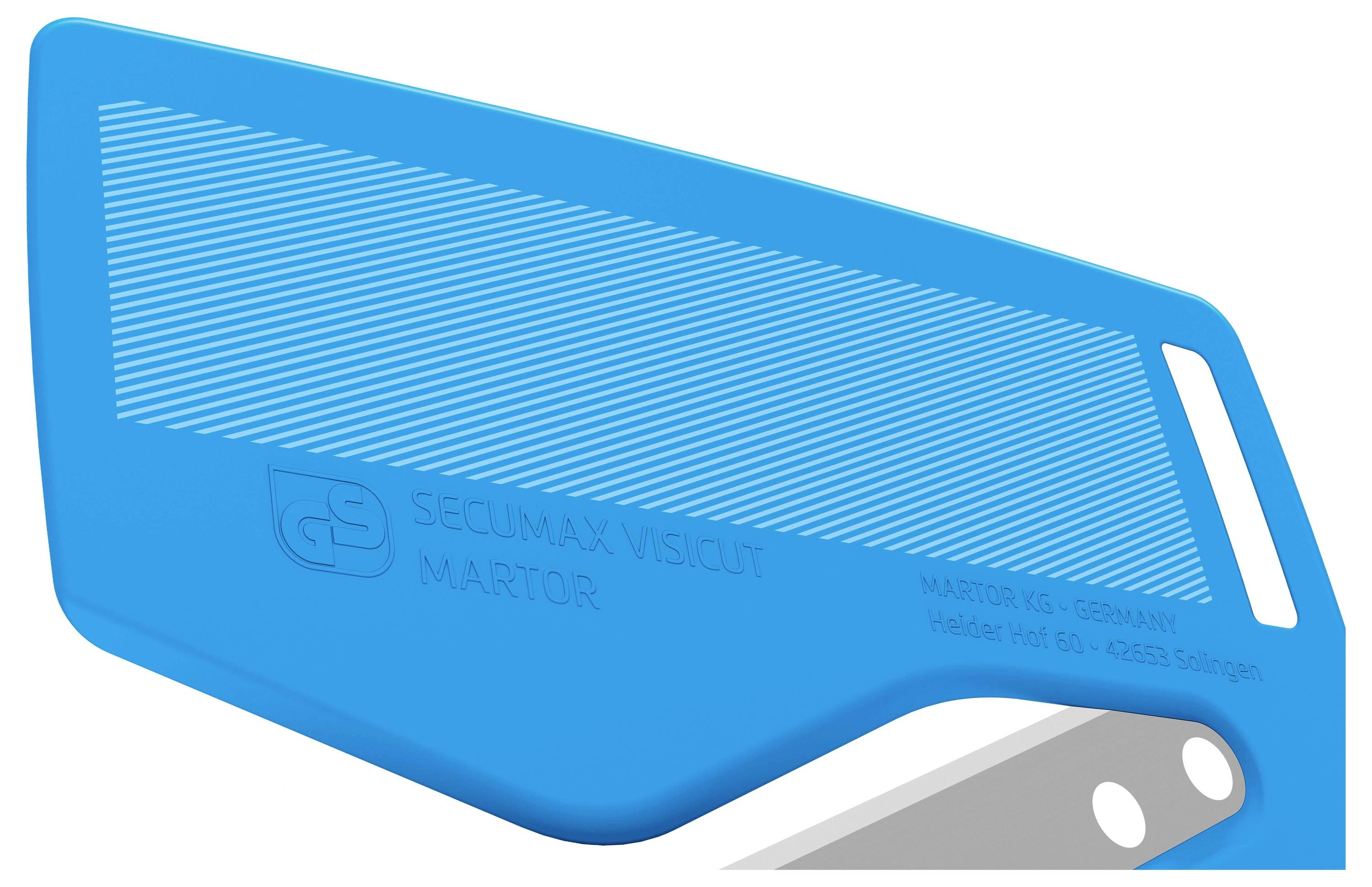 Ein blaues Sicherheitsmesser mit abgerundeten Kanten, geeignet zum sicheren Schneiden ohne Verletzungsgefahr. Markenname 'Martor'.