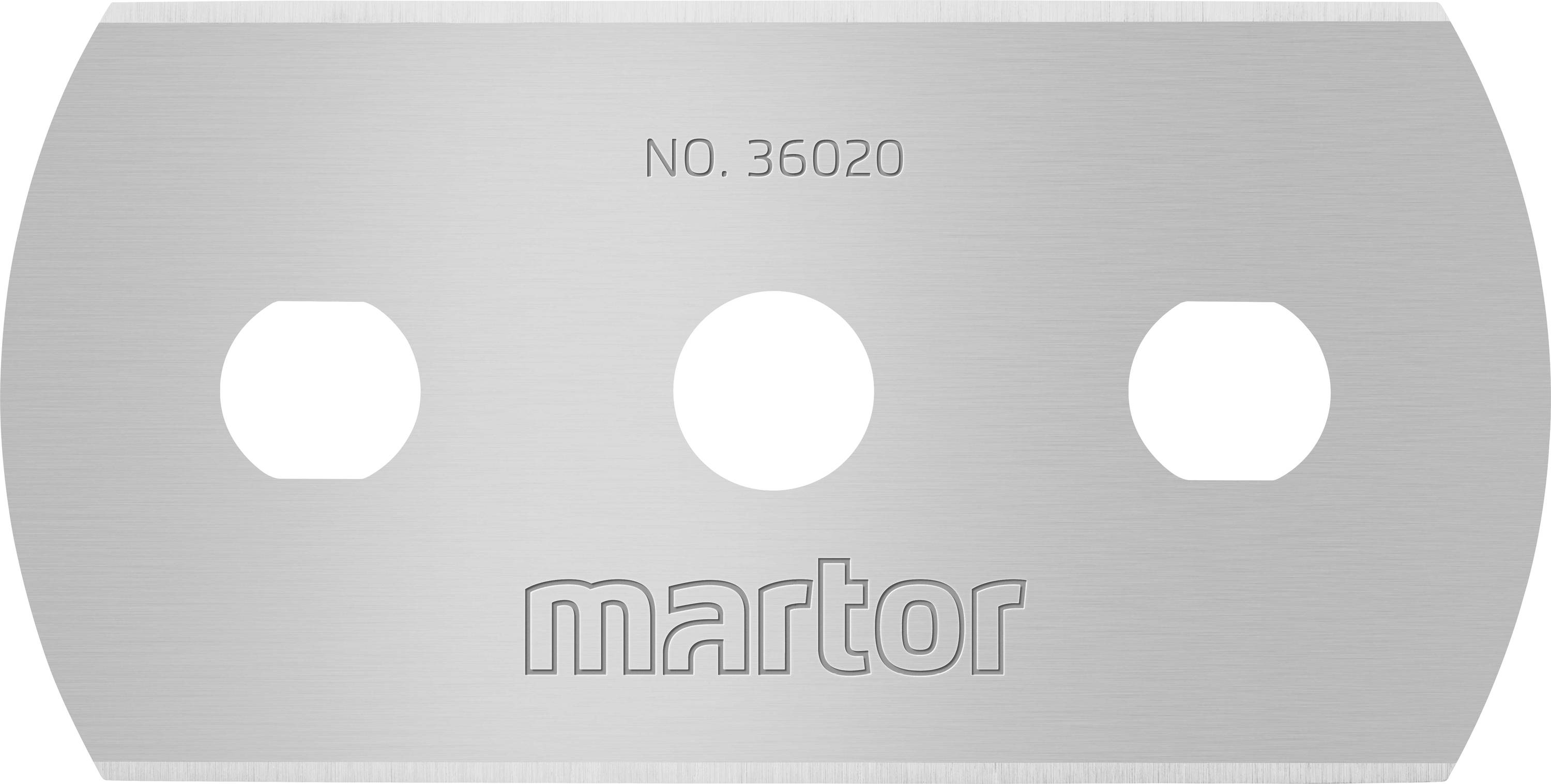Ein graues Martor-Klingenblatt mit drei Löchern und der Aufschrift 'NO. 36020'. Die Oberfläche ist metallisch glänzend.