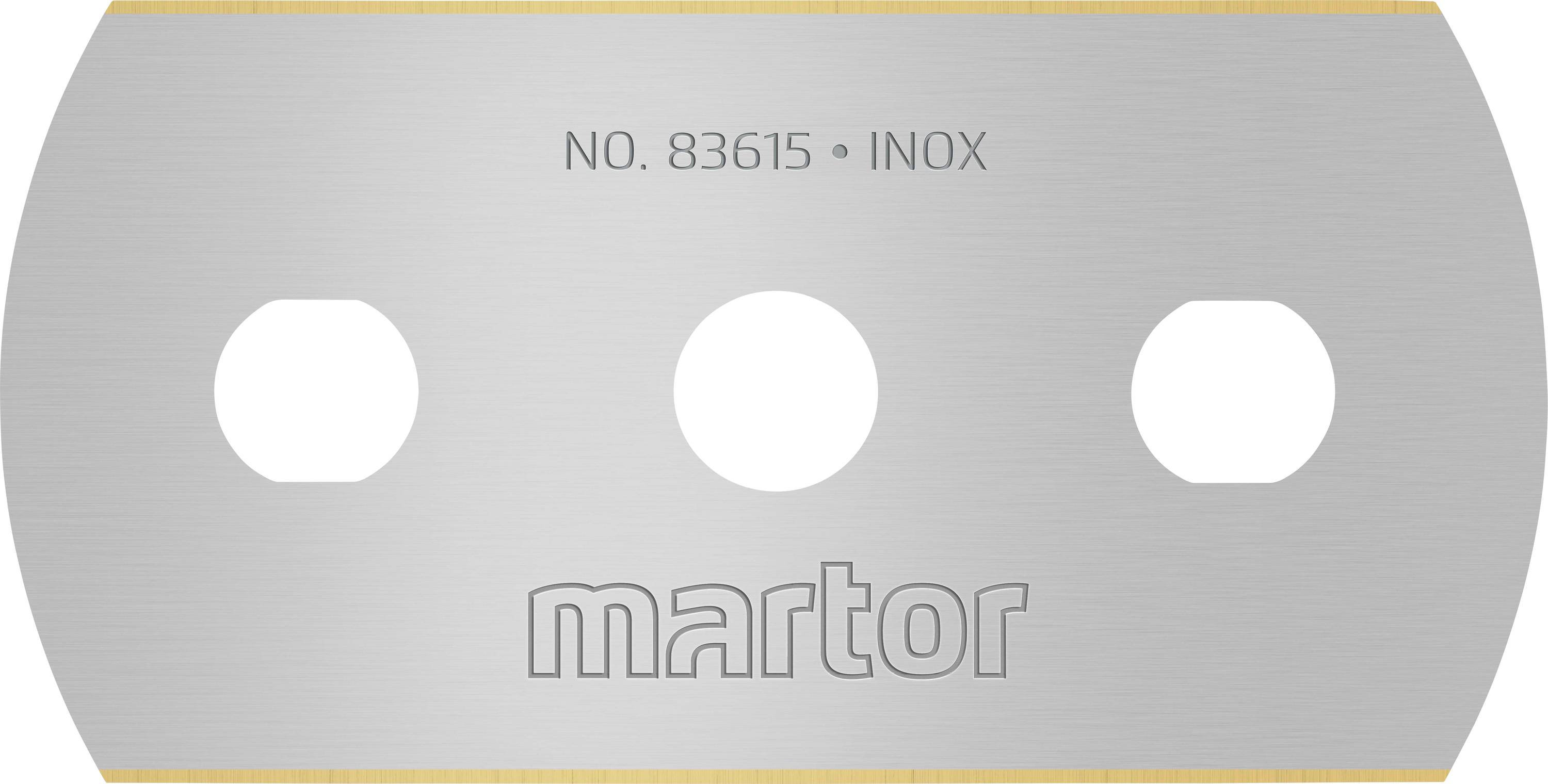Ein silbernes Rasierklingen-Ersatzblatt mit der Aufschrift 'NO. 83615 INOX' und dem eingravierten Markennamen 'martor'.